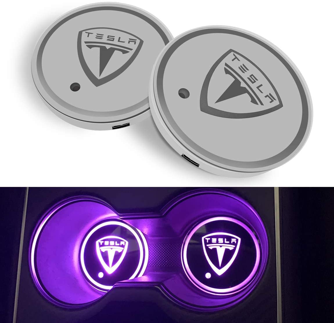Onewer LED-Auto-Becherhalter mit 7 Farbwechseln,Wiederaufladbare Automatte Untersetzer Autozubehör für Tesla Model 3/Y/S/X von Yangers