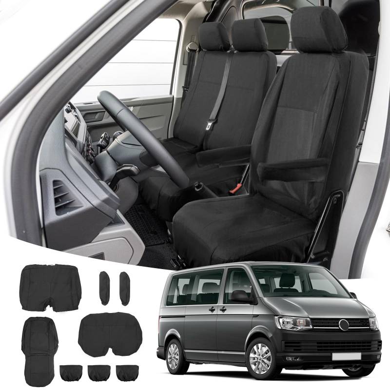 Opaltool 8PC Autositzbezüge Set für VW Transporter T5 T6 2015-2022, 3-Sitzer Strapazierfähige Maßgeschneiderte Sitzbezüge Auto Wordersitze Schwarze Compatible Airbag, Fahrer und Beifahrer Doppelsitze von Opaltool