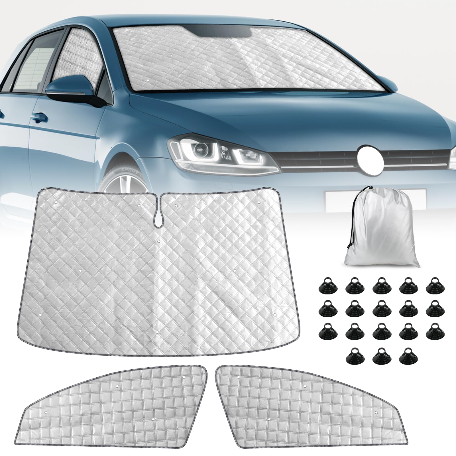 Sonnenschutz Auto Frontscheibe für VW Golf 7 2012-2020, 3PCS Internes Thermomatte Set mit Aufbewahrungstasche, Sonnenschutz Frontscheibe innen, 98% Verdunkelung von Opaltool