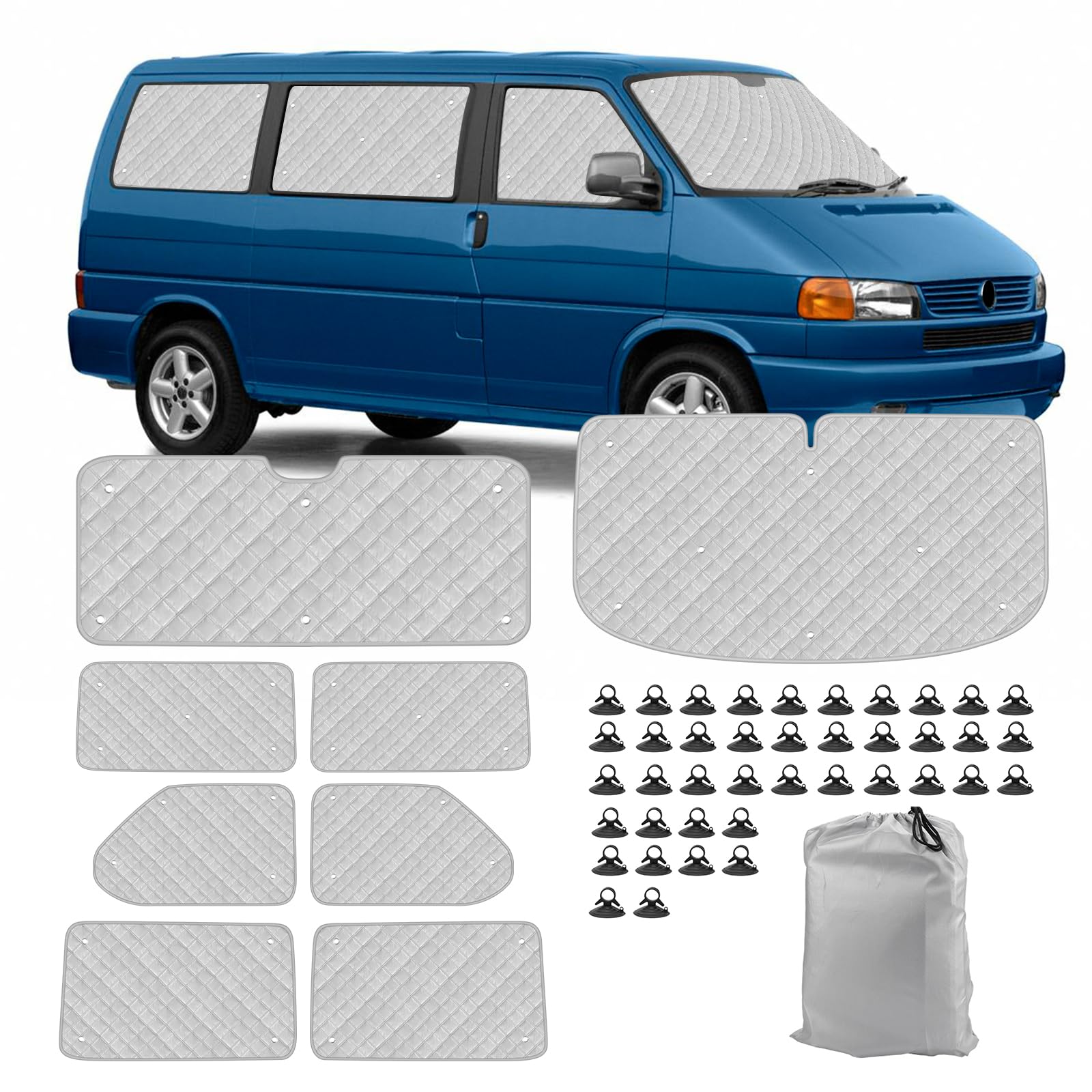 Opaltool Thermomatte Fahrerhaus Innen für VW T4, 8 STK SWB Wasserdicht UV-Proof Sonnenschutz Auto Frontscheibe Wintergegen Schnee Frontscheibenabdeckung mit Schwarzem Rücken, 98% Verdunkelung von Opaltool