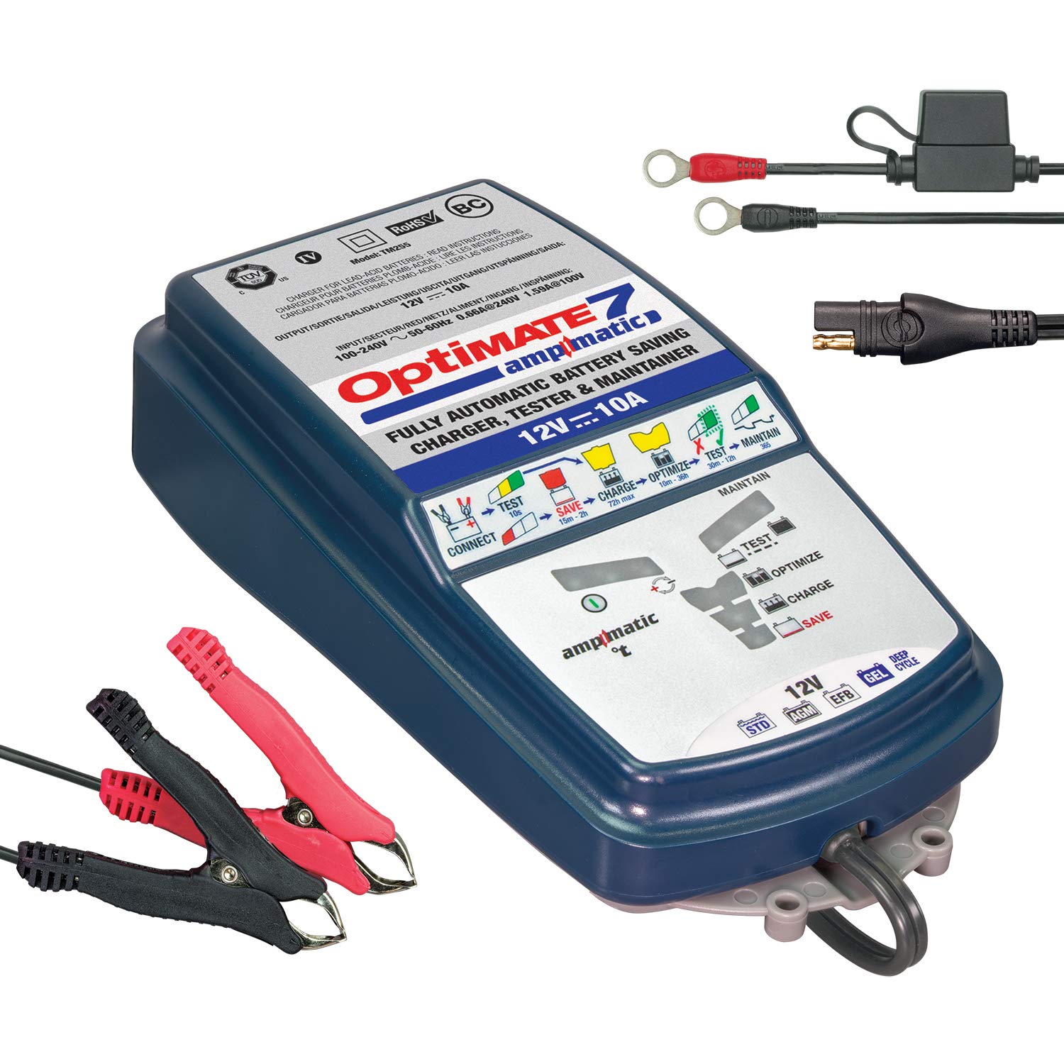OptiMate TecMate 7 Ampmatic, TM254, 9-Step 12V 10A Sealed Battery Saving Charger & maintainer von Optimate