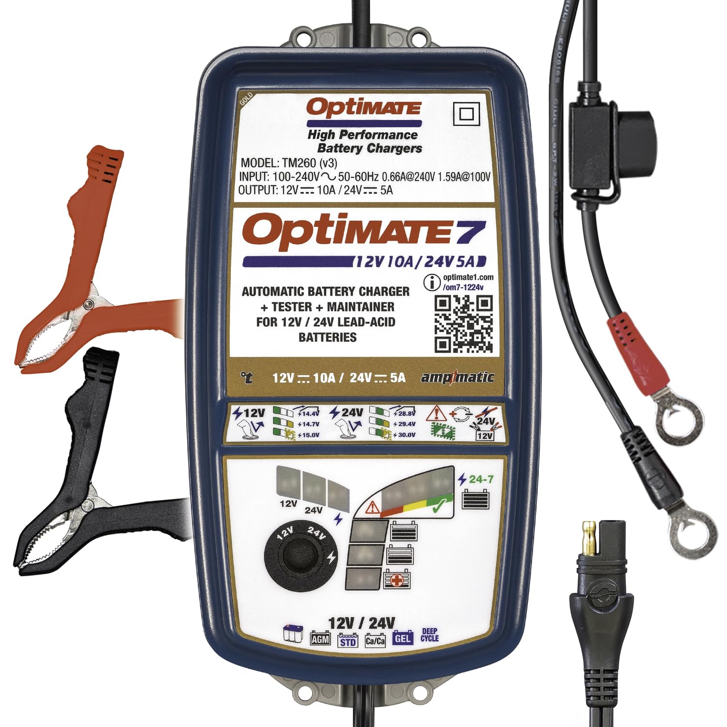 TecMate OptiMate 7 12V/24V, TM260, 8-stufiges gekapseltes batterieschonendes 12V 10A / 24V 5A Lade- & Wartungsgerät von Optimate