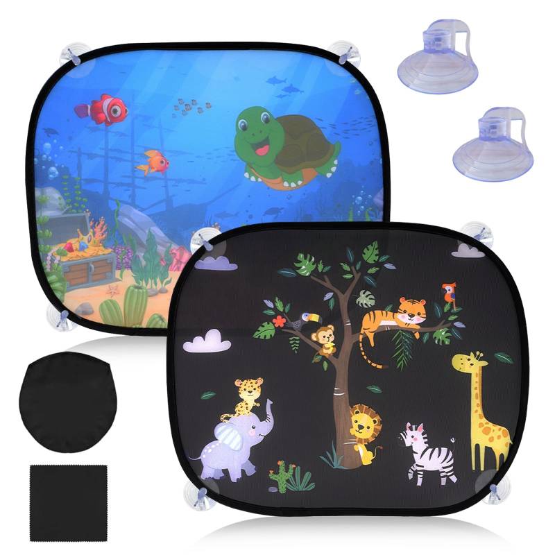 2 Stück Sonnenschutz Auto Baby mit UV Schutz, 44x36.5 cm Sonnenblende Auto Kinder mit 10 Saugnäpfen und Süßen Tier Motiven Universal Sonnenschutz Auto Seitenscheibe Passend für die Meisten Autos von Orizizhic