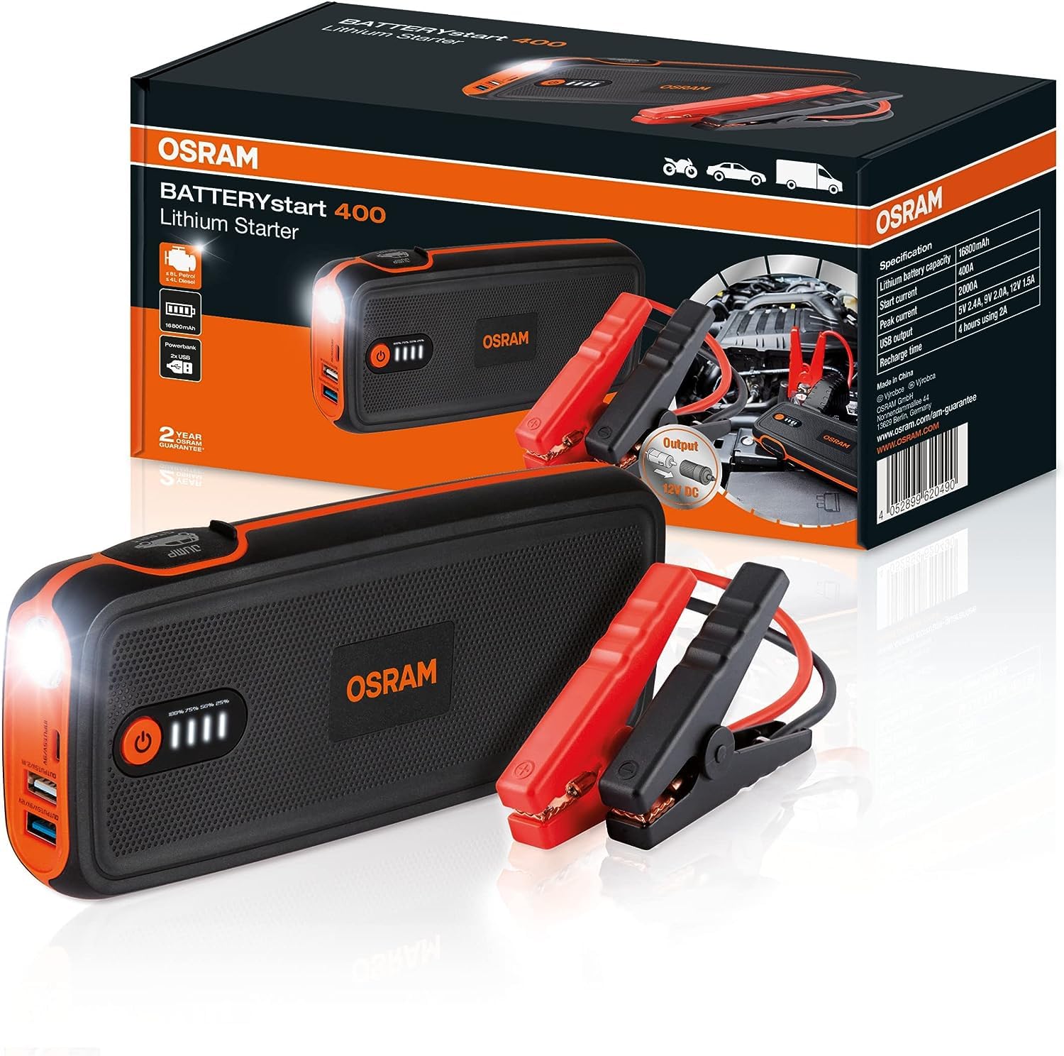 OSRAM BATTERYstart 400, KFZ Starthilfe, Lithium Batteriestarter 2000A 12V mit Powerbank Funktion für bis zu 8L Benzin & 4L Dieselmotoren, 16800mAH, Schwarz OSRAM BATTERYstart 400, KFZ Starthilfe, Lithium Batteriestarter 2000A 12V mit Powerbank Funktion für bis zu 8L Benzin & 4L Dieselmotoren, 16800mAH, Schwarz von Osram