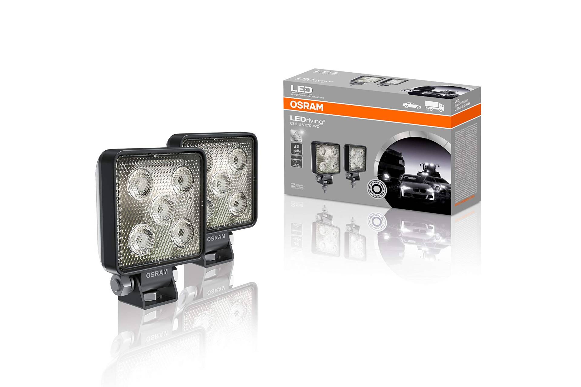 Osram LEDriving CUBE VX70-WD, OFF ROAD LED Zusatzscheinwerfer für Nahfeldbeleuchtung, Wide, 550 Lumen, Lichtstrahl bis zu 43 m, rechteckige Hochleistungs-LED-Spots im Duo-Pack (2 Stk) von Osram