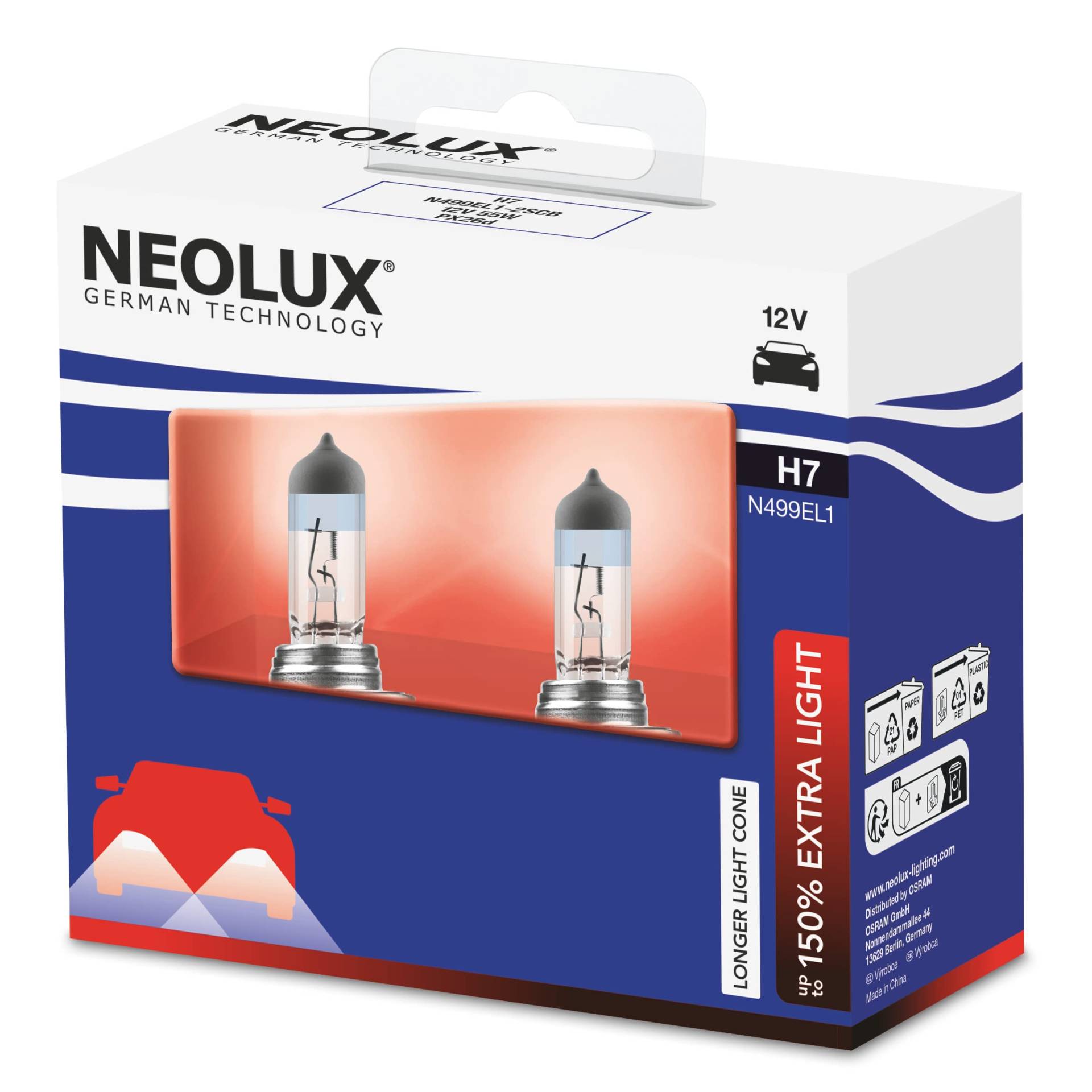 NEOLUX 150% Extra Light H7, Halogen-Scheinwerfer, N499EL1-2SCB, 12 V, 60/55 W, Softcover-Box (2 Lampen) von Osram