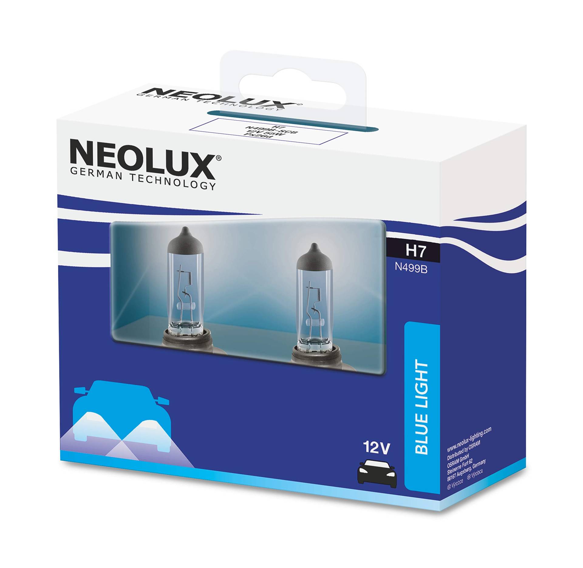 NEOLUX HAMMER BOX Blue Light H7 Halogenscheinwerferlampe N499B 12V 55W PX26d Xenon-Look im 2er-Set von Osram