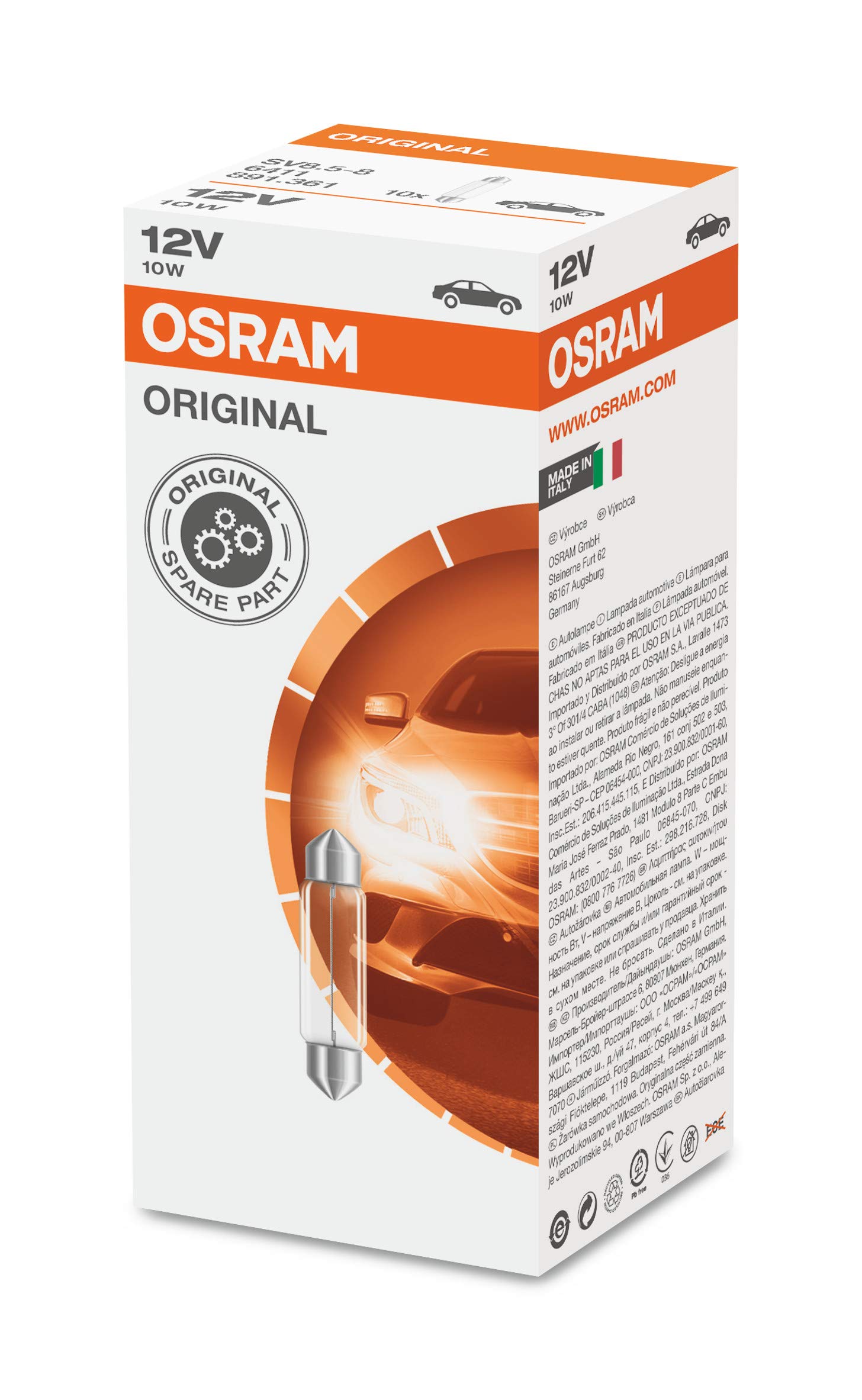 Osram 6411 ORIGINAL Sofittenlampe Sockel SV8.5-8, 12V, 10W, Anzahl 10 von Osram