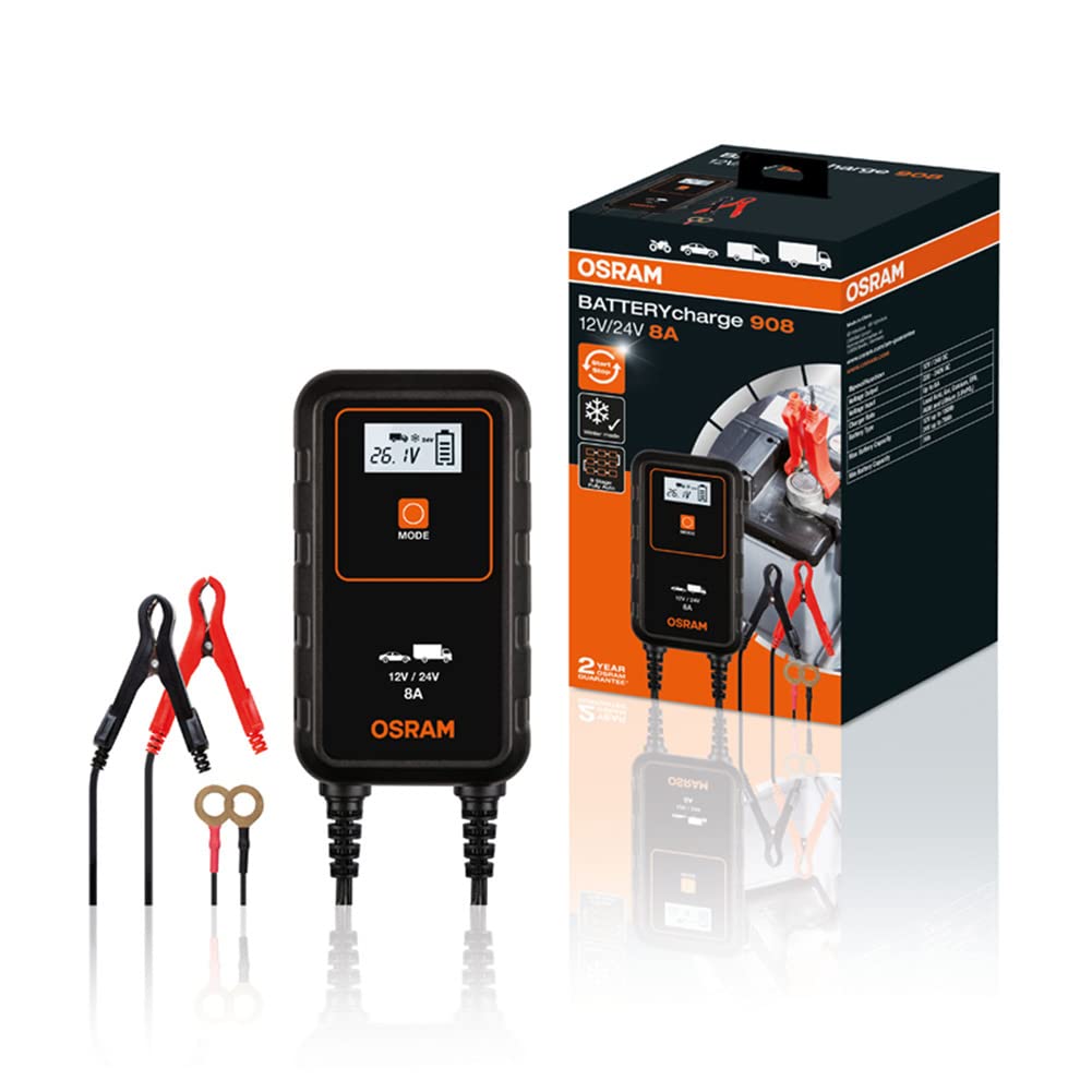 OSRAM BATTERYcharge 908, KFZ-Batteriewartungsgerät 12V & 24V, mobiles KFZ Batterieladegerät für PKW, Motorrad, SUV, Van, Kleinlaster von Osram