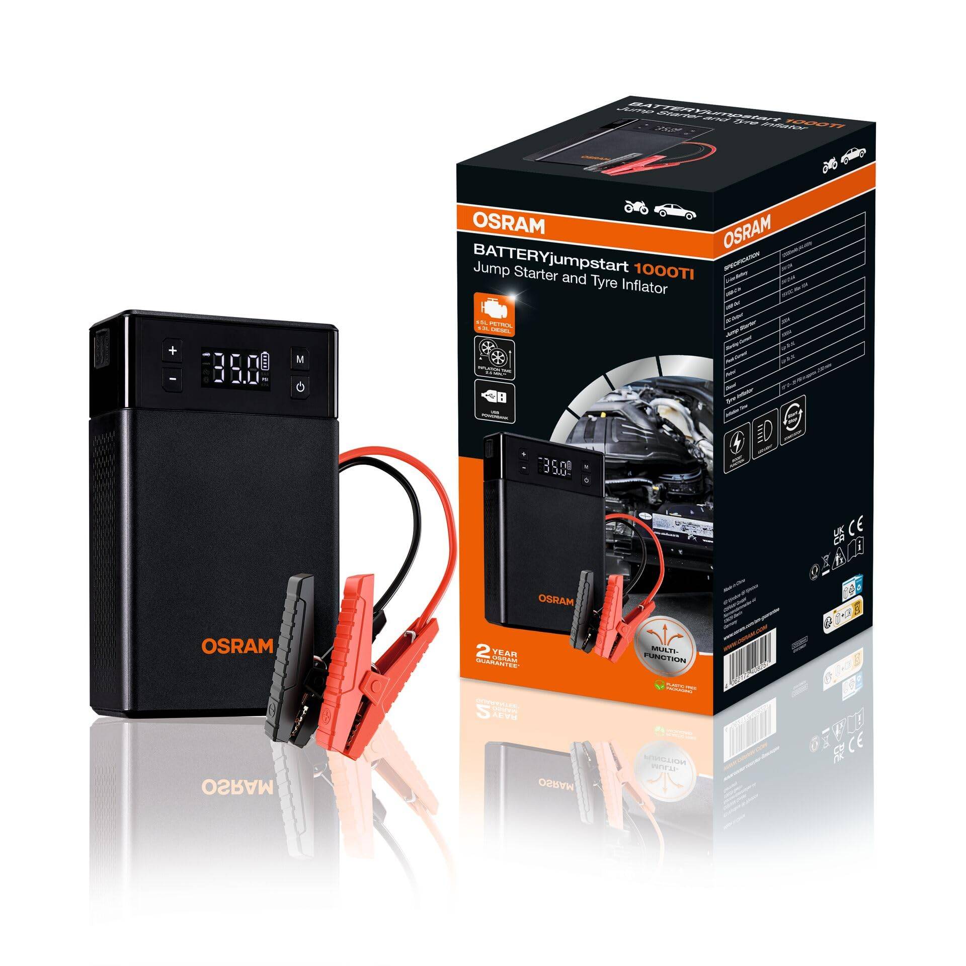 OSRAM BATTERYjumpstart 1000TI, Starthilfe Powerbank, Lithium-Starthilfegerät und Reifenfüller, für 12V-Fahrzeuge mit bis zu 5.0L Benzin- und 3.0L Dieselmotoren, Black OSRAM BATTERYjumpstart 1000TI, Starthilfe Powerbank, Lithium-Starthilfegerät und Reifenfüller, für 12V-Fahrzeuge mit bis zu 5.0L Benzin- und 3.0L Dieselmotoren, Black von Osram
