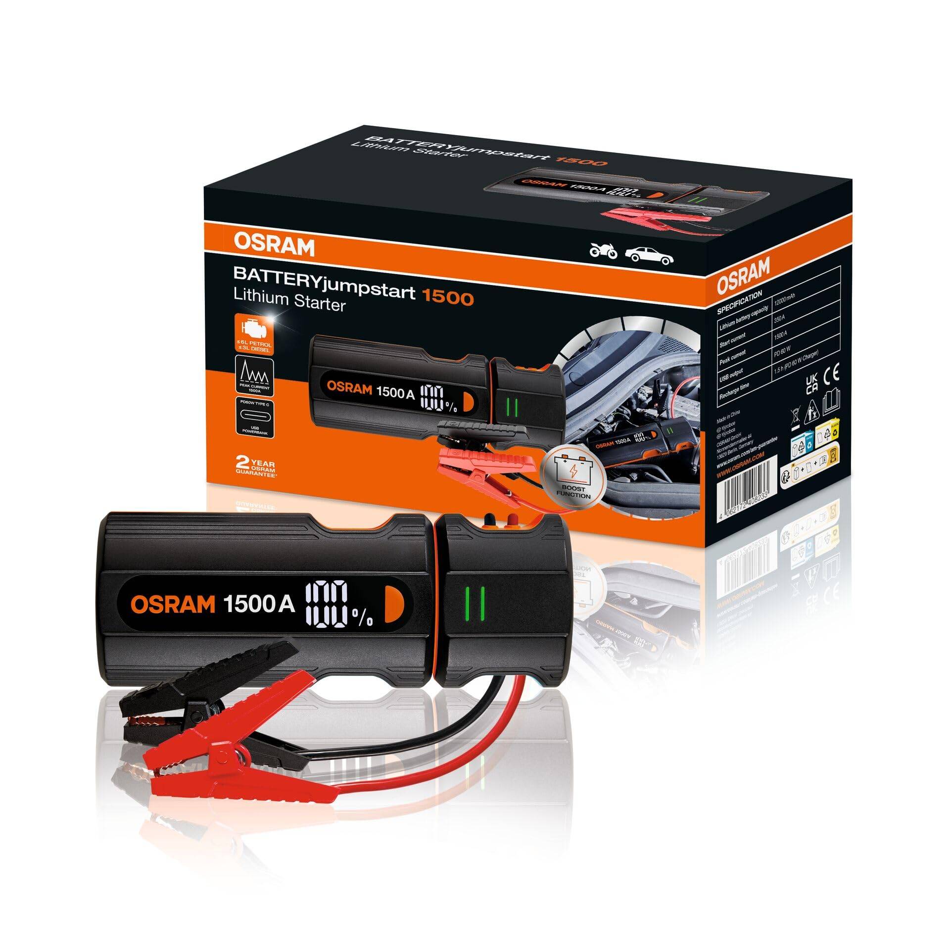 OSRAM BATTERYjumpstart 1500, Starthilfe Powerbank, Lithium-Starthilfegerät, für 12V-Fahrzeuge mit bis zu 6.0L Benzin- und 3.0L Dieselmotoren OSRAM BATTERYjumpstart 1500, Starthilfe Powerbank, Lithium-Starthilfegerät, für 12V-Fahrzeuge mit bis zu 6.0L Benzin- und 3.0L Dieselmotoren von Osram