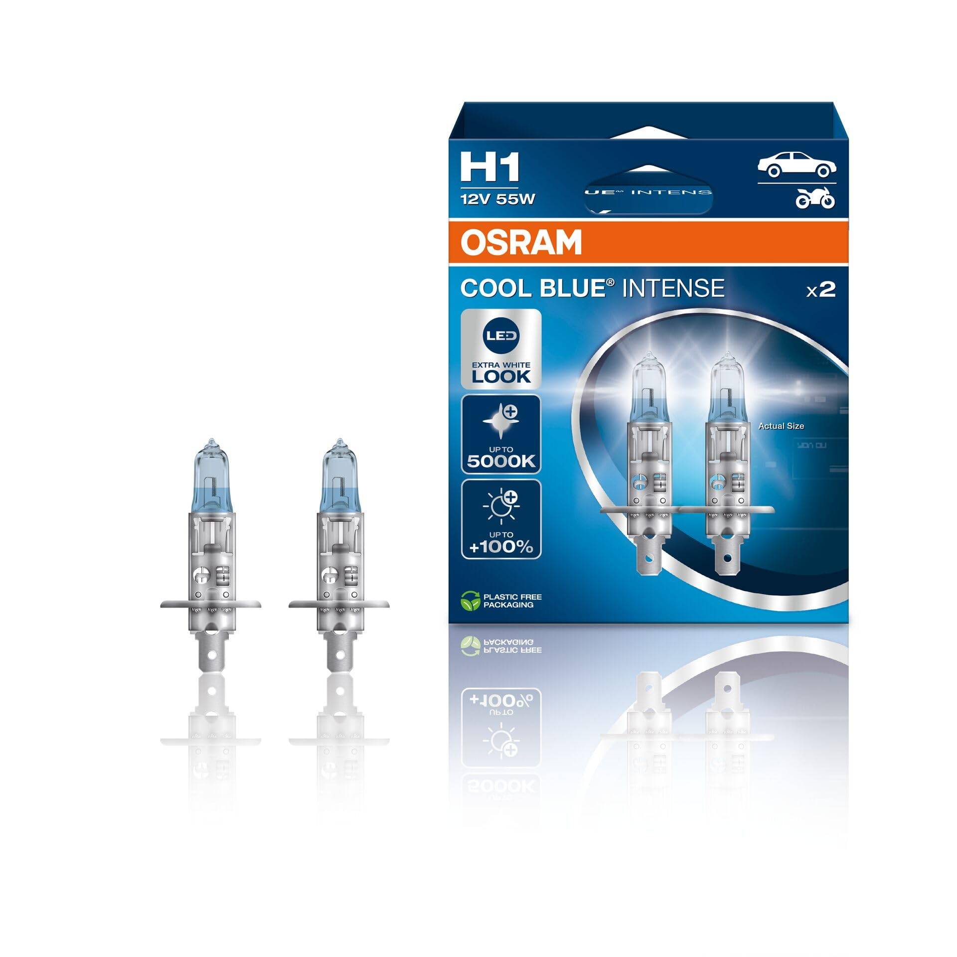 Osram Cool Blue Intense H1, mit 100 Prozent mehr Helligkeit, bis zu 5.000K, Halogen-Scheinwerferlampe, LED-Look, Duo Box (2 Lampen), Fahrzeugspezifische Passform, Blue, Duo Box von Osram