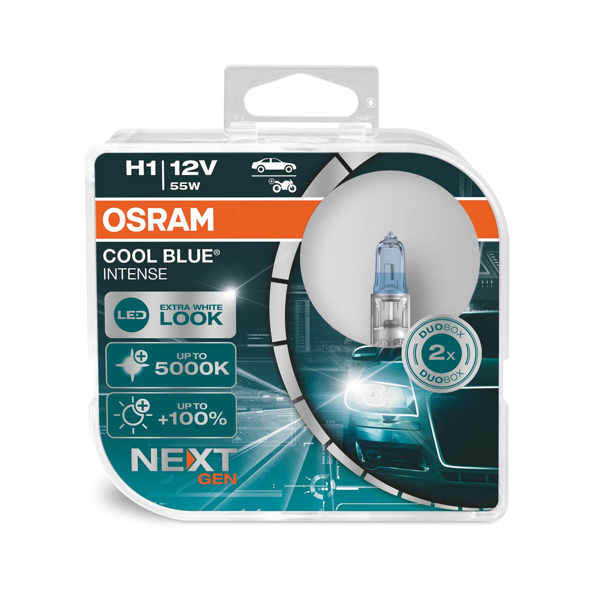 Osram Cool Blue Intense H1, mit 100 Prozent mehr Helligkeit, bis zu 5.000K, Halogen-Scheinwerferlampe, LED-Look, Duo Box (2 Lampen), Fahrzeugspezifische Passform, Blue, Duo Box von Osram