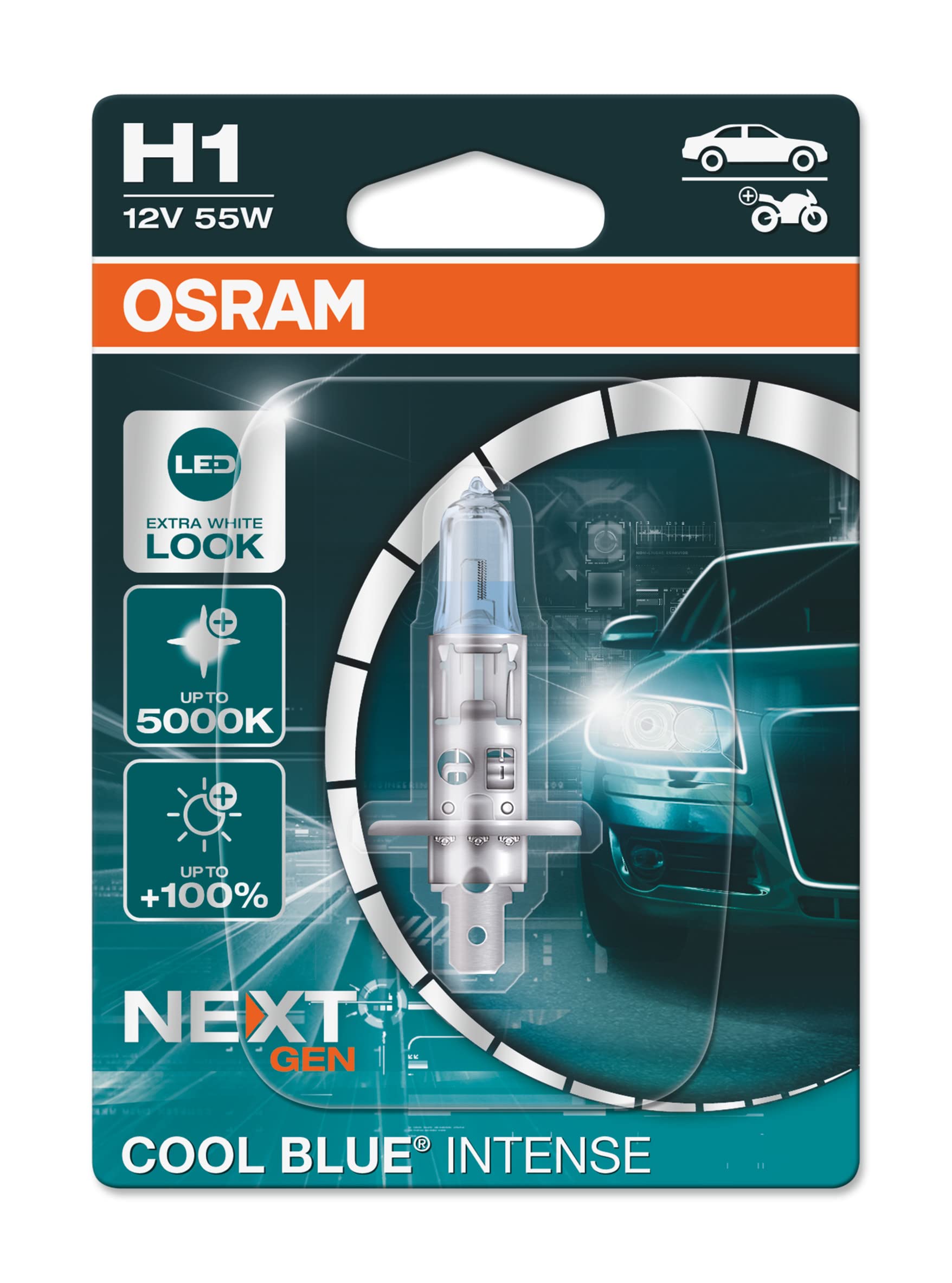 OSRAM COOL BLUE INTENSE H1, 100% mehr Helligkeit, bis zu 5.000K, Halogen-Scheinwerferlampe, LED-Look, Einzelblister (1 Lampe) von Osram