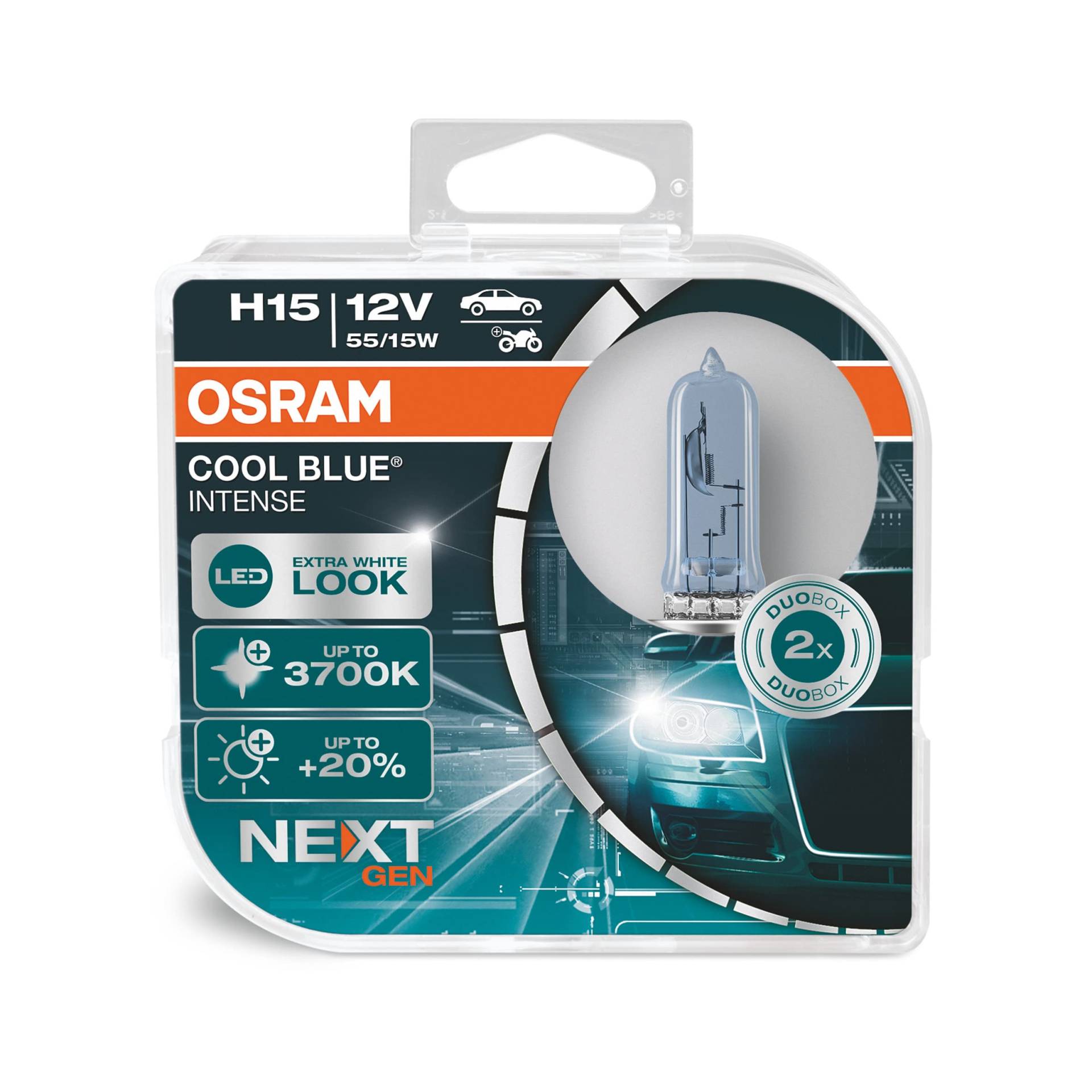 Osram COOL BLUE® INTENSE H15, 20% mehr Helligkeit, bis zu 3700K, Halogen-Scheinwerferlampe, LED-Look, Duo Box (2 Lampen), 64176CBN-HCB [Energieklasse A] von Osram