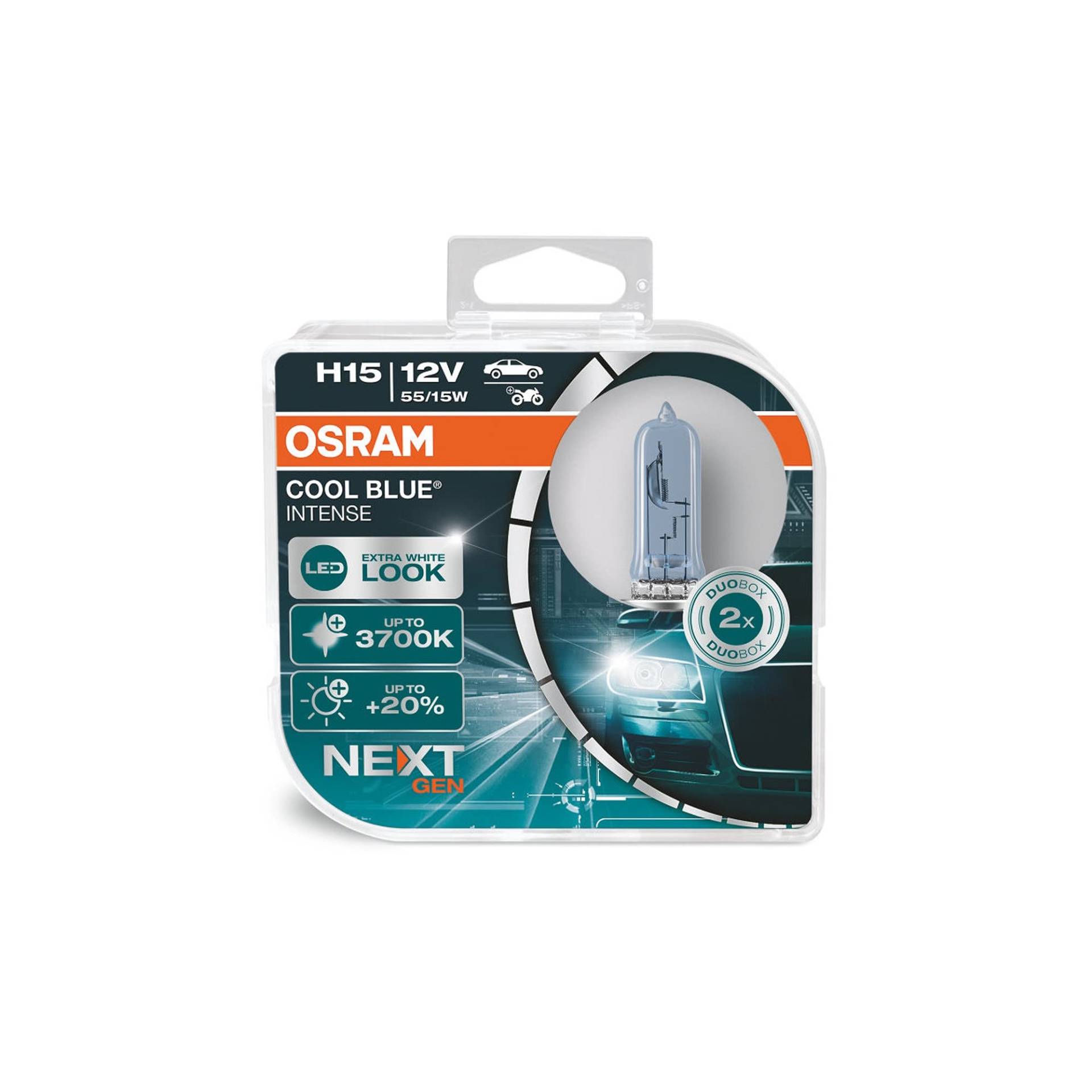 Osram COOL BLUE® INTENSE H15, 20% mehr Helligkeit, bis zu 3700K, Halogen-Scheinwerferlampe, LED-Look, Duo Box (2 Lampen), 64176CBN-HCB [Energieklasse A] von Osram