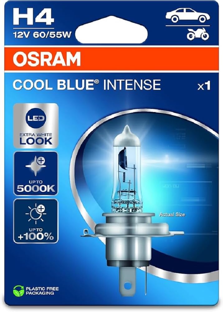 OSRAM COOL BLUE® INTENSE H4, +100% mehr Helligkeit, bis zu 5.000K, Halogen-Scheinwerferlampe, LED-Look, Einzelblister (1 Lampe) von Osram