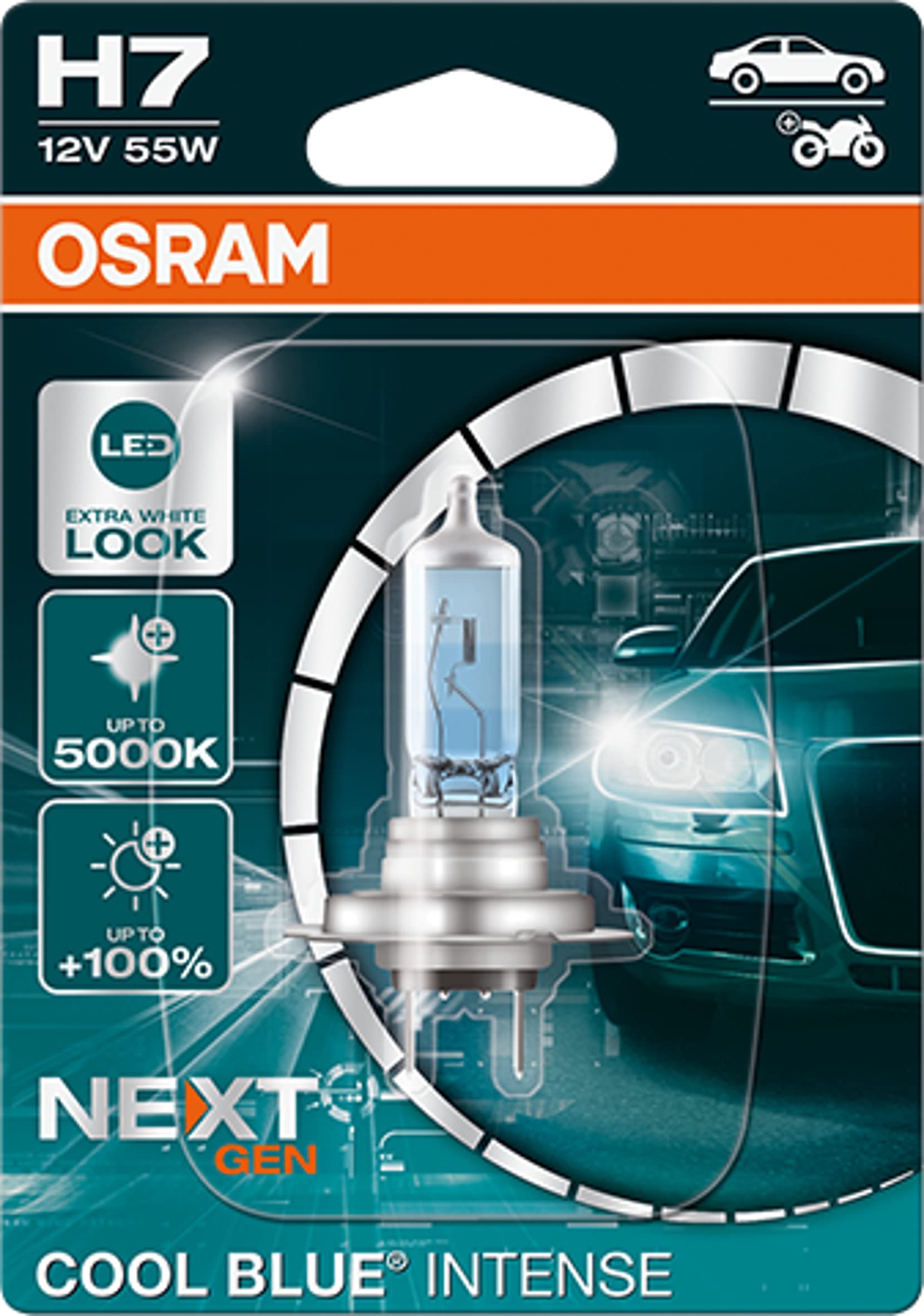 Osram COOL BLUE® INTENSE H7, 100% mehr Helligkeit, bis zu 5.000K, Halogen-Scheinwerferlampe, LED-Look, Einzelblister (1 Lampe) von Osram