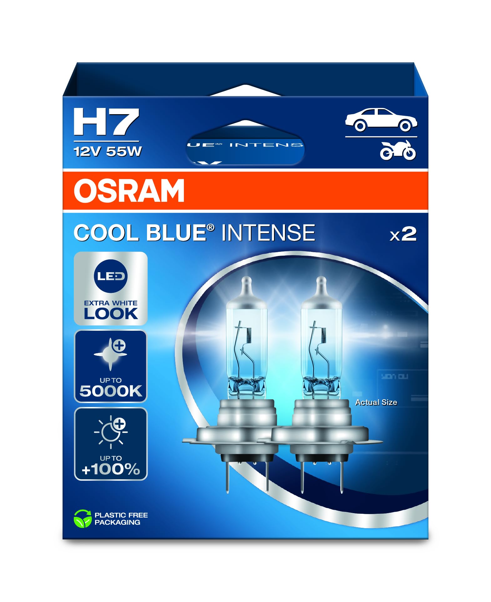OSRAM COOL BLUE® INTENSE H7, +100% mehr Helligkeit, bis zu 5.000K, Halogen-Scheinwerferlampe, LED-Look, Hängebox (2 Lampen) von Osram