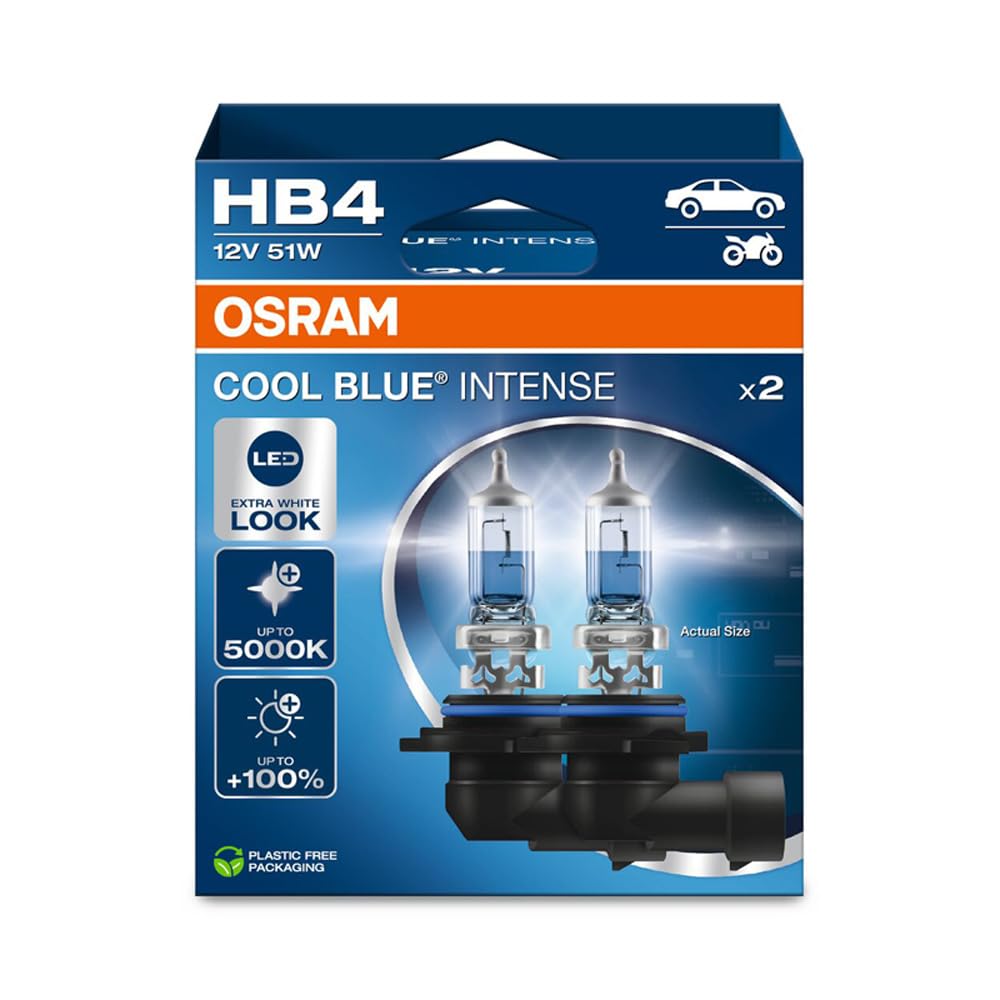 OSRAM COOL BLUE® INTENSE HB4, +100% mehr Helligkeit, bis zu 5.000K, Halogen-Scheinwerferlampe, LED-Look, Hängebox (2 Lampen) von Osram