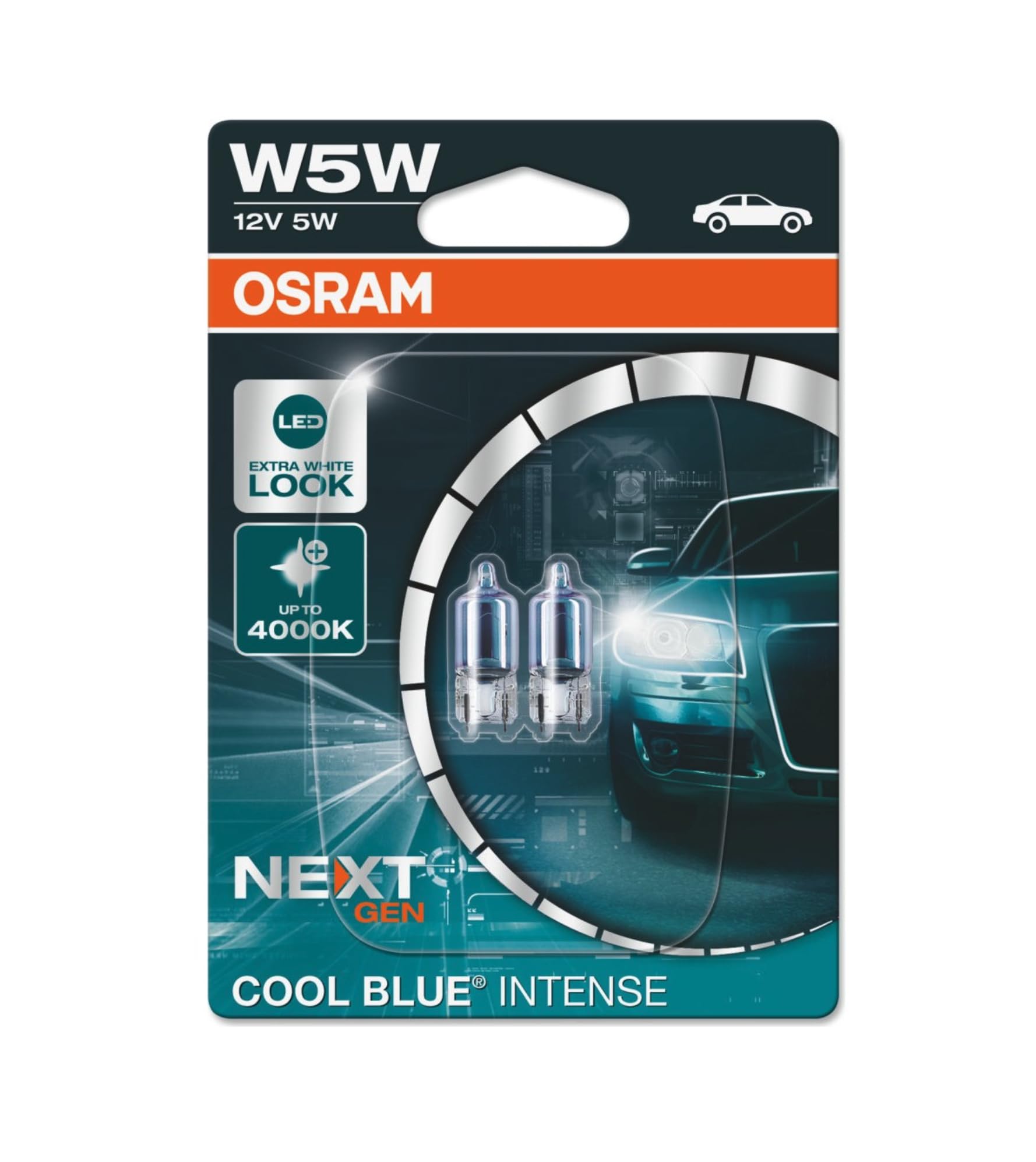 OSRAM COOL BLUE INTENSE W5W, bis zu 4.000 K, Halogensignallampe, Doppelblister (2 Lampen), 2825CBN-02B von Osram