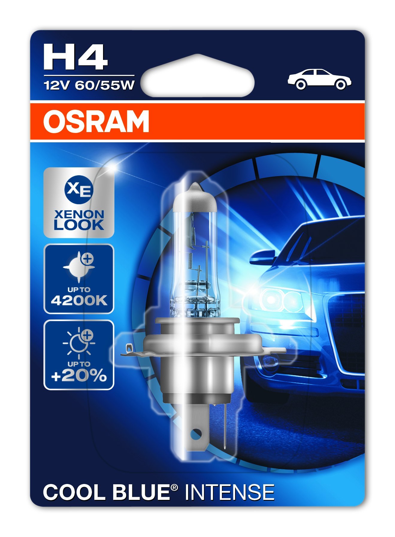 Osram COOL BLUE INTENSE H4, Halogen-Scheinwerferlampe, 64193CBI-01B, 12V PKW, Einzelblister (1 Stück) von Osram