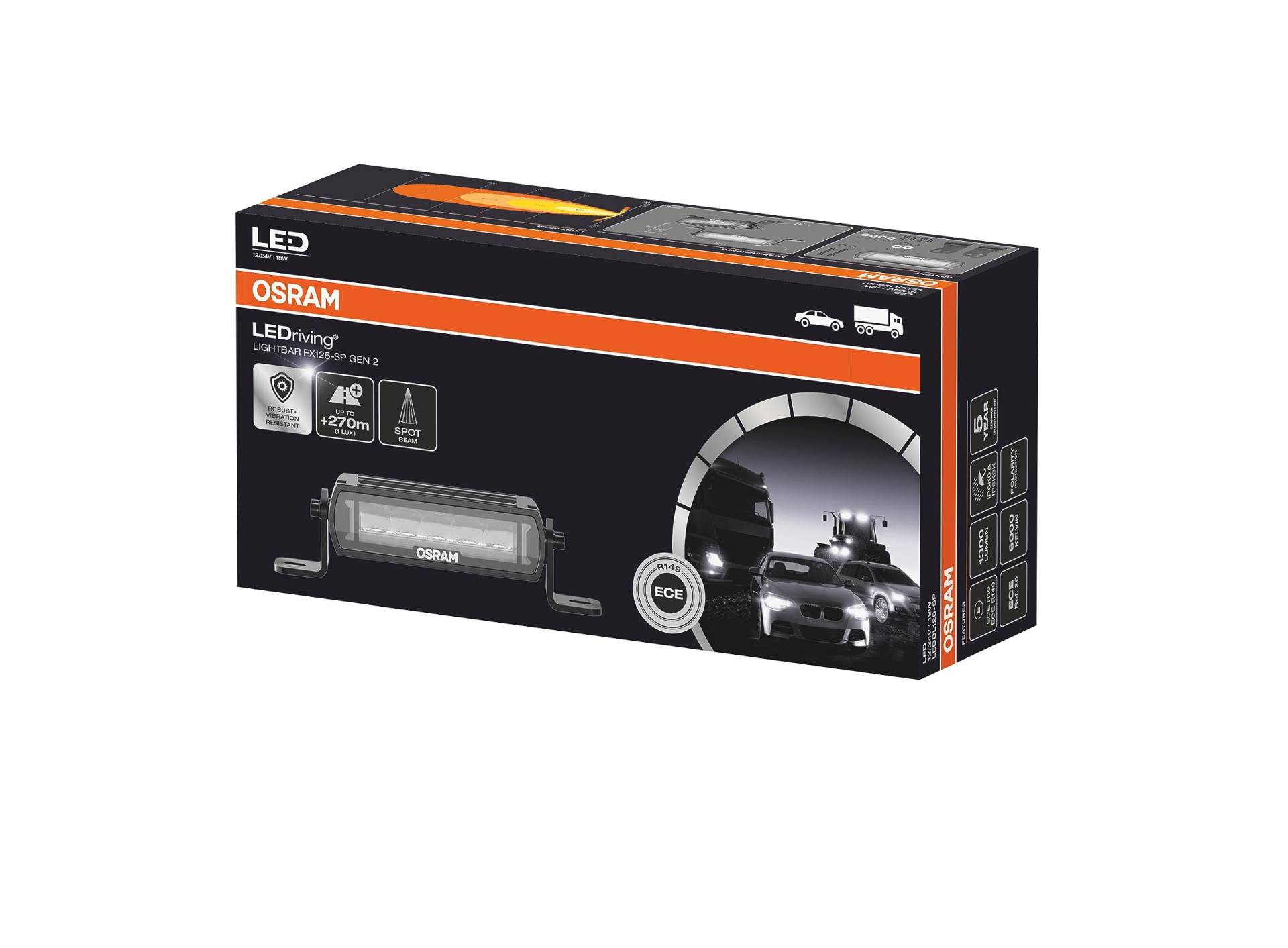 OSRAM LEDriving® Lightbar FX125-SP GEN 2, LED Zusatzscheinwerfer für Fernlicht, spot, 6000K, 1300lm, Lichtstrahl bis zu 270m , 12V/24V, ECE Zulassung von Osram