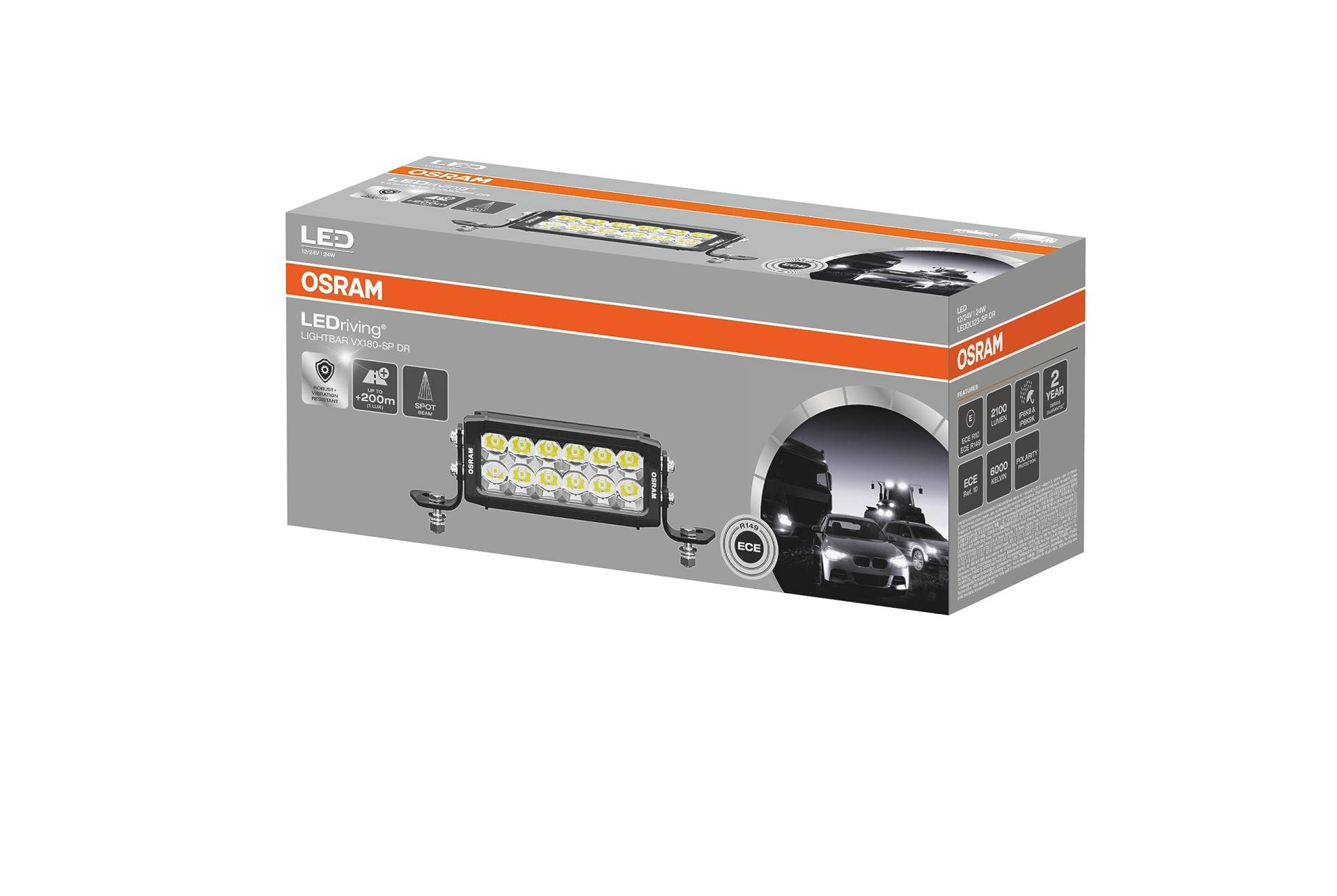 OSRAM LEDriving® Lightbar VX180-SP DR, LED Zusatzscheinwerfer für Fernlicht, spot, 6000K, 2100lm, Lichtstrahl bis zu 200m, 12V/24V, ECE Zulassung von Osram