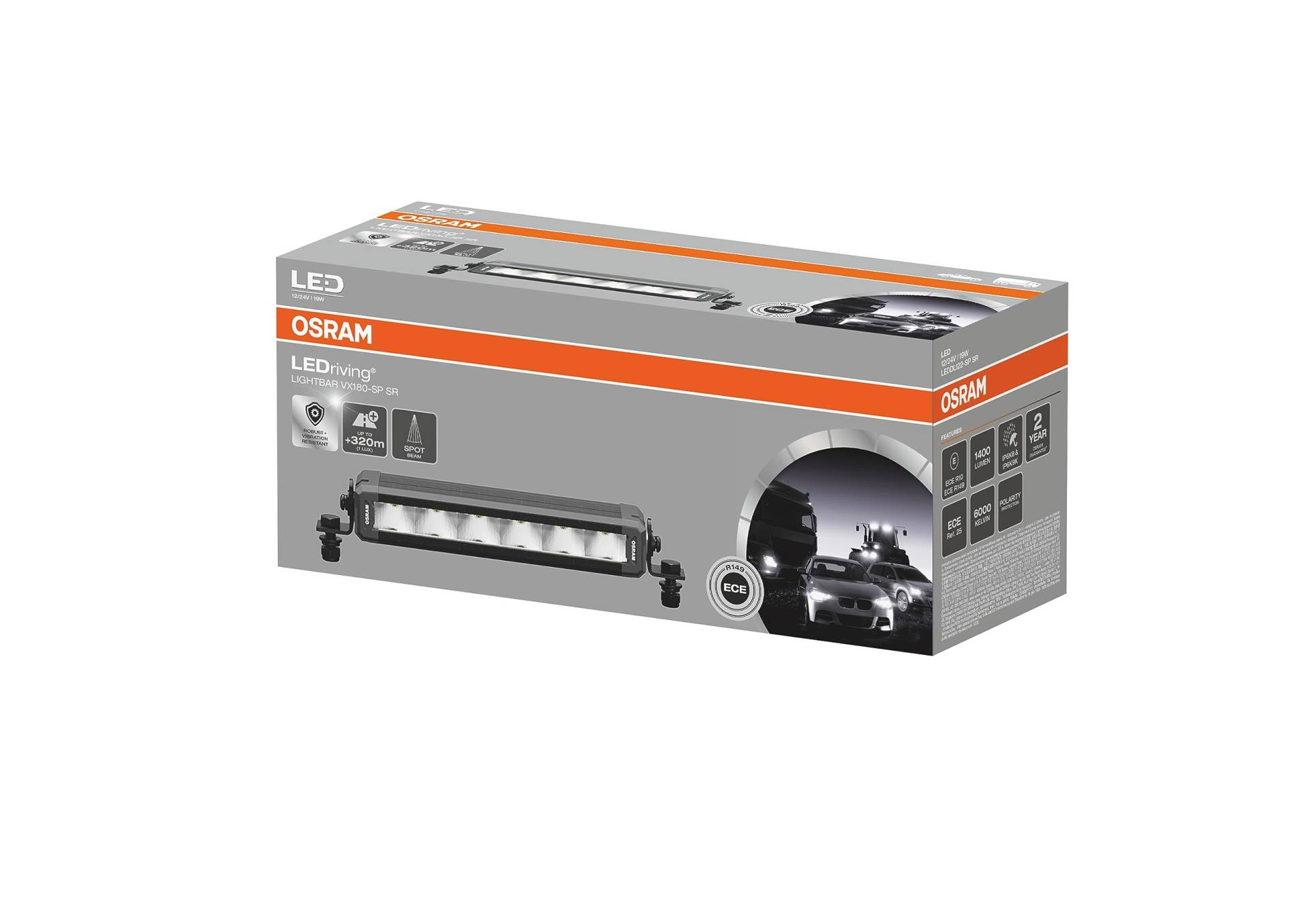 OSRAM LEDriving® Lightbar VX180-SP SR, LED Zusatzscheinwerfer für Fernlicht, spot, 6000K, 1400lm, Lichtstrahl bis zu 320m, 12V/24V, ECE Zulassung von Osram