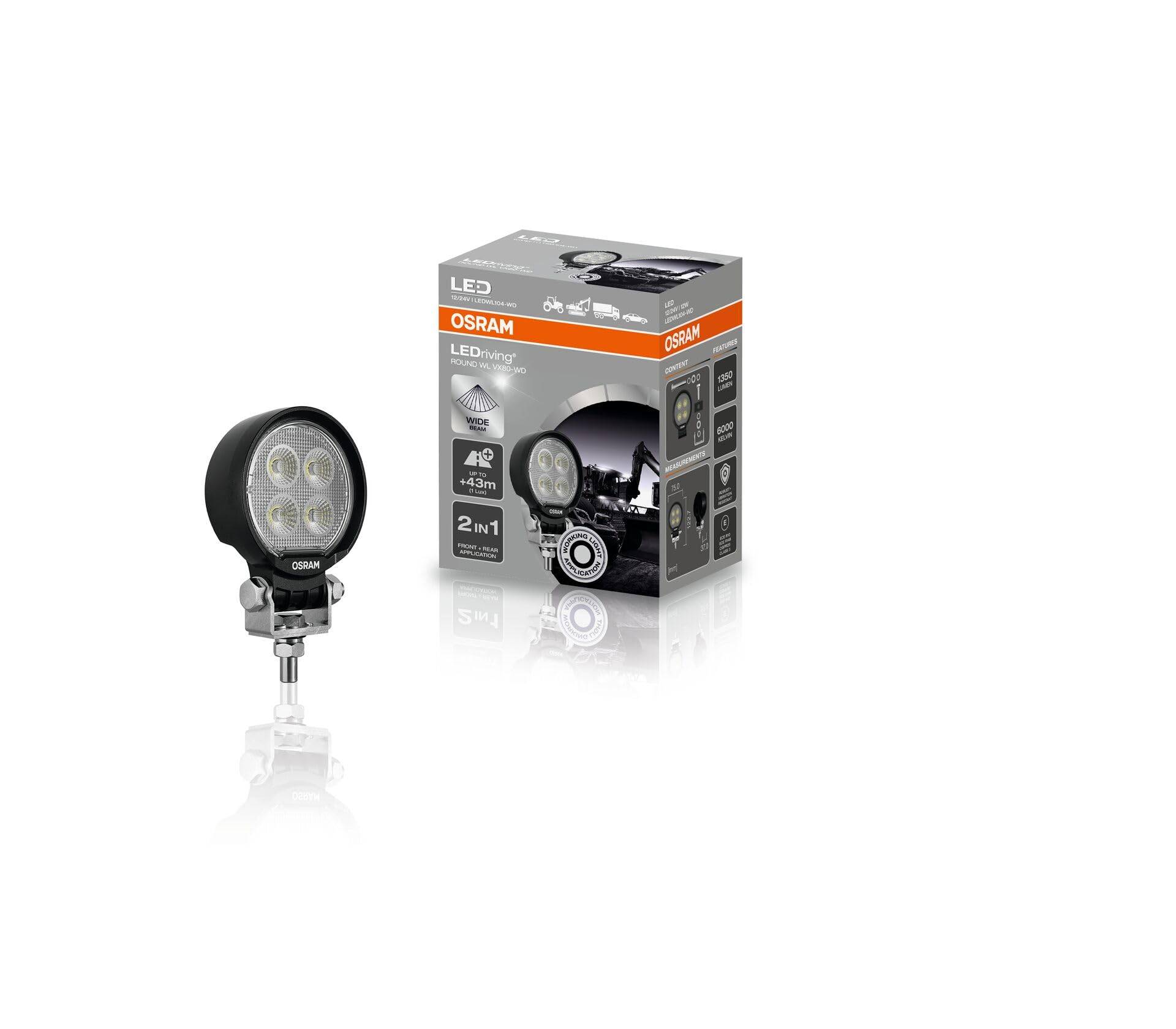 Osram LEDriving Round WL VX80-WD, LEDWL104-WD, OFF ROAD, LED Arbeitsscheinwerfer, 1350 Lumen, Lichtstrahl bis zu 43 m, 12V/24V, Faltschachtel (1 Lampe) von Osram