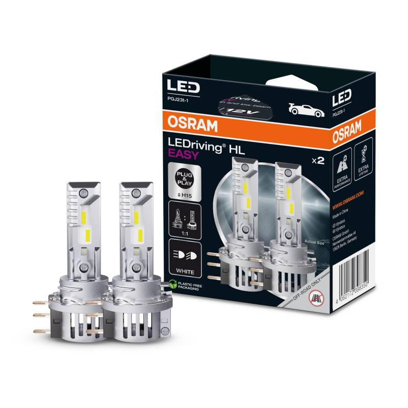 OSRAM LEDriving HL EASY H15 LED-Lampen, Fernlicht, Abblendlicht Kaltweiß, 6500 K, kein Zubehör erforderlich, nur Offroad-Einsatz, kein ECE, 2 Lampen, Cool White von Osram