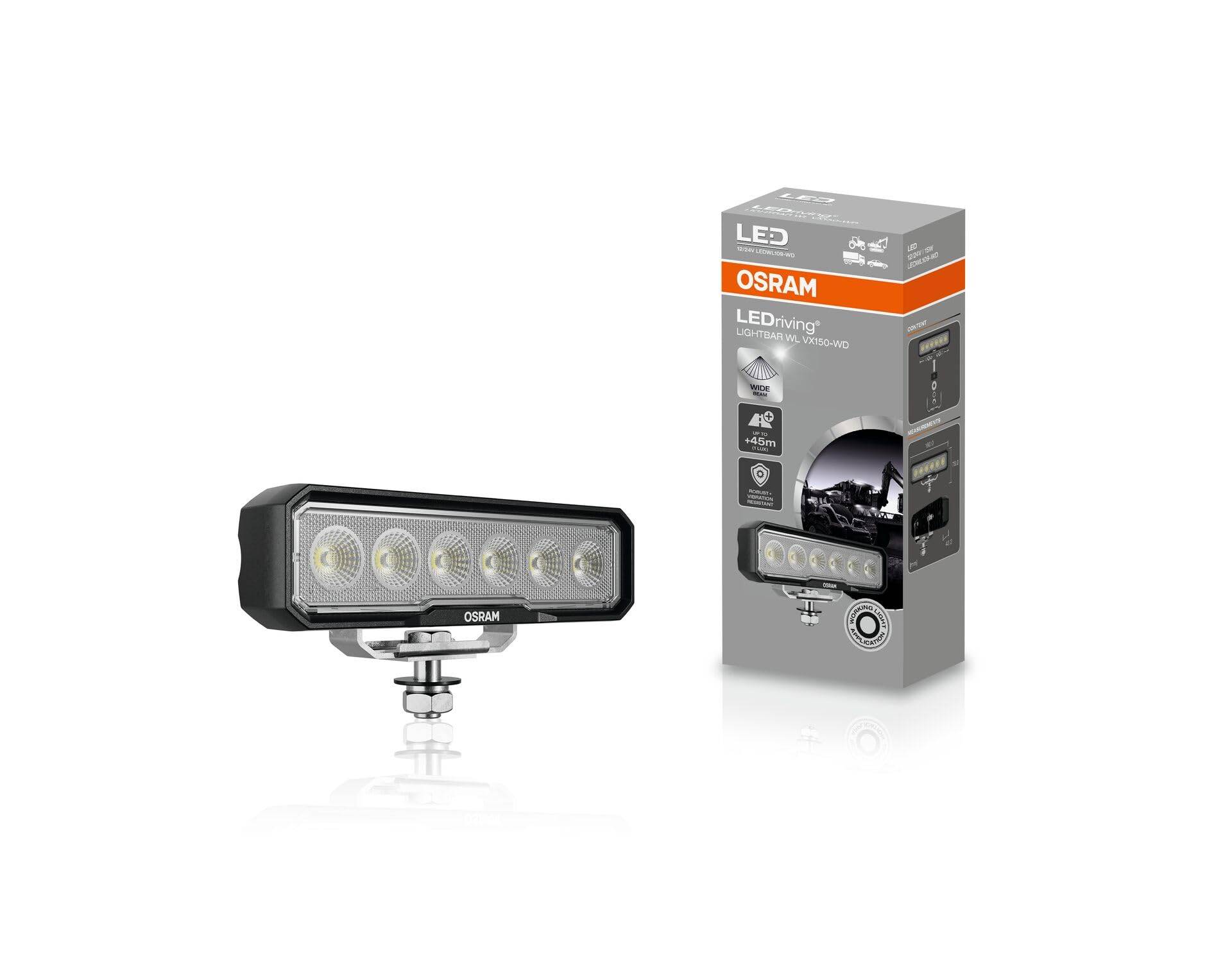 OSRAM LEDriving Lightbar WL VX150-WD, LEDWL109-WD, OFF ROAD, LED Arbeitsscheinwerfer, 1500 Lumen, Lichtstrahl bis zu 45 m, 12V/24V, Faltschachtel (1 Lampe), Bianco von Osram