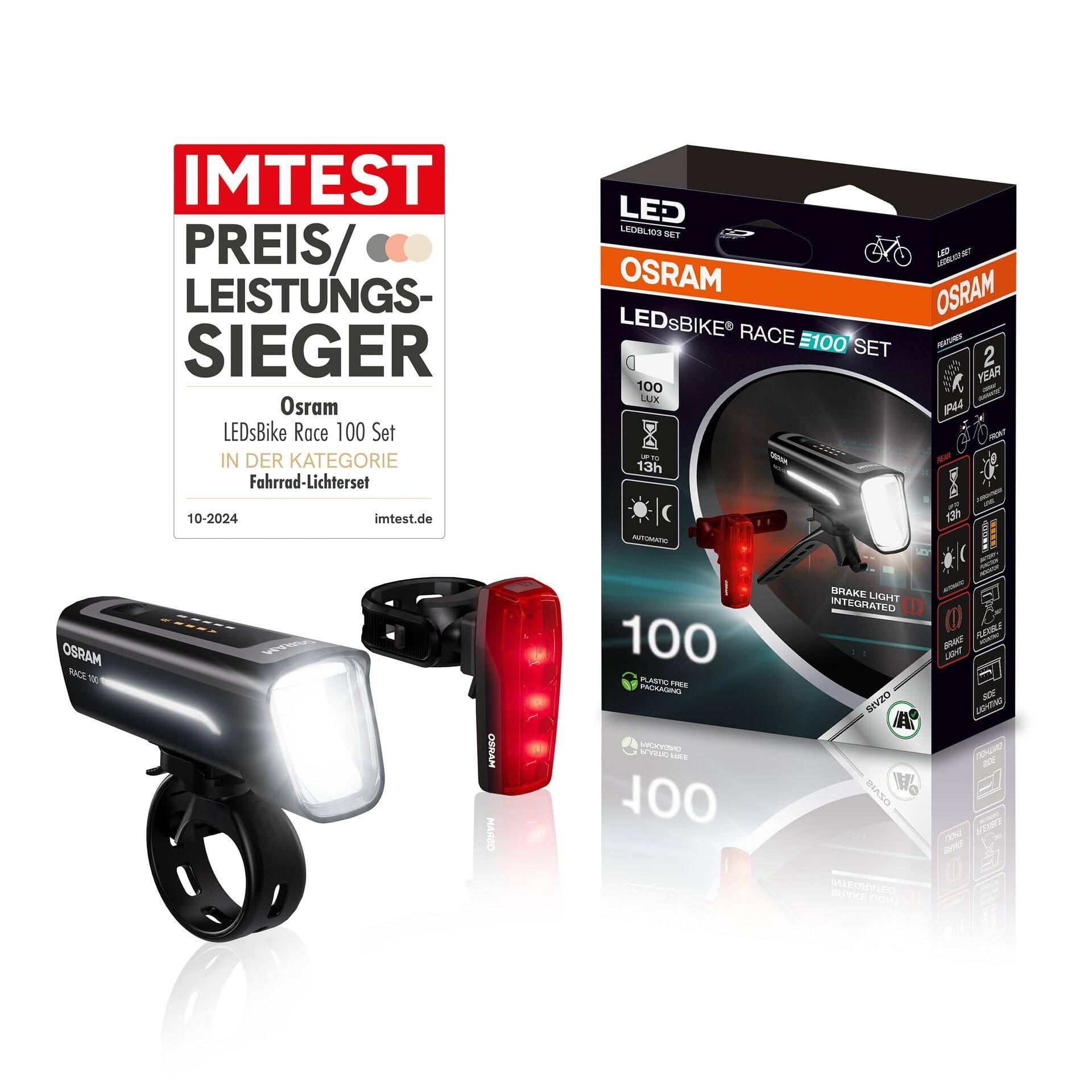 OSRAM LEDsBIKE Race 100 Set, wiederaufladbares Fahrradlichtset, StVZO-zugelassenes Front- und Rück-LED-Lichtset mit Bremslicht, Mehrere Beleuchtungsmodi, DREI Helligkeitsstufen, 100 Lux OSRAM LEDsBIKE Race 100 Set, wiederaufladbares Fahrradlichtset, StVZO-zugelassenes Front- und Rück-LED-Lichtset mit Bremslicht, Mehrere Beleuchtungsmodi, DREI Helligkeitsstufen, 100 Lux von Osram