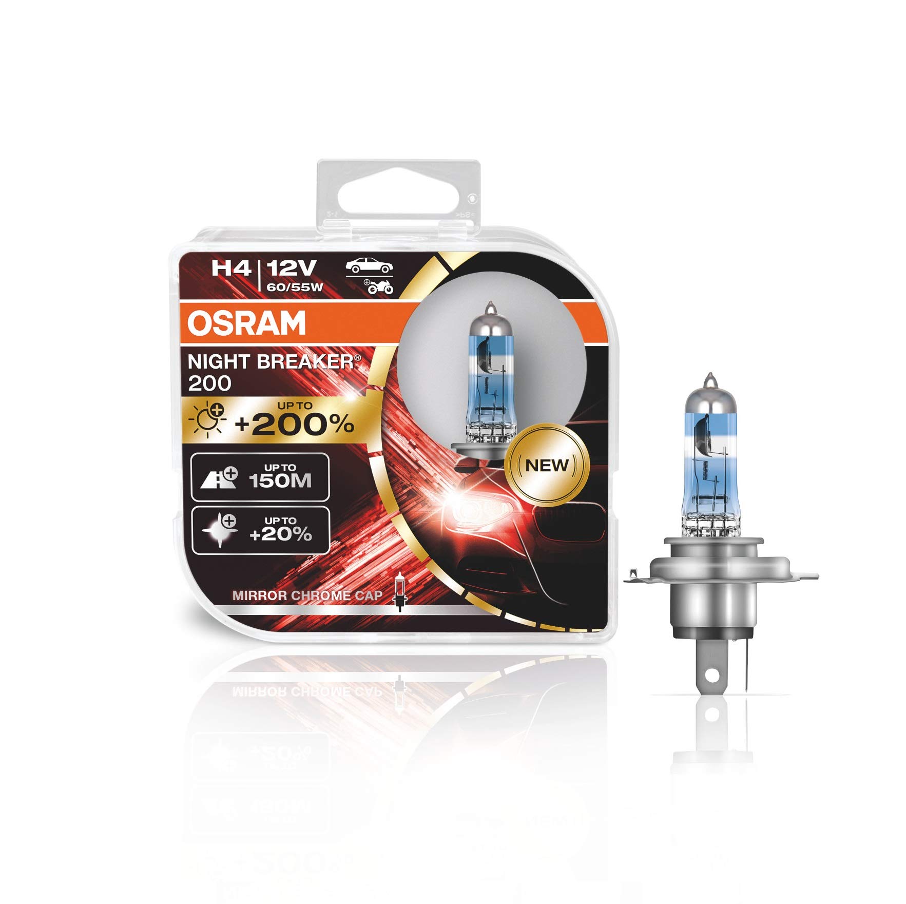 Osram NIGHT BREAKER 200, H4, + 200% Licht, Halogenlampe für Scheinwerfer, 64193NB200-HCB, 12-V-Auto, Silber, Doppelbox (2 Lampen) von Osram