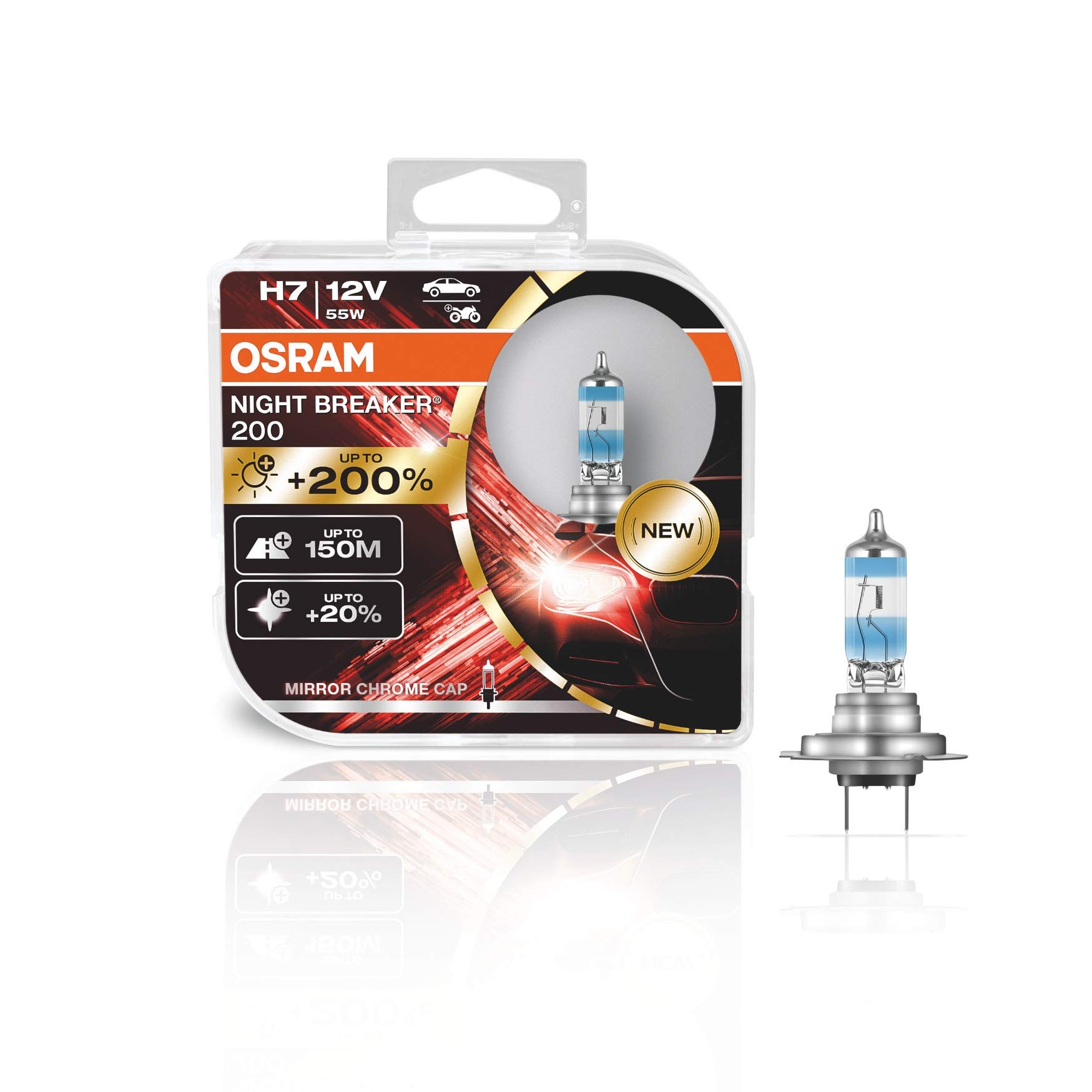 Osram NIGHT BREAKER 200, H7, + 200% Licht, Halogenlampe für Scheinwerfer, 64210NB200-HCB, 12-V-Auto, Doppelbox (2 Lampen), Silber, 2 Stück , (1er Pack) von Osram