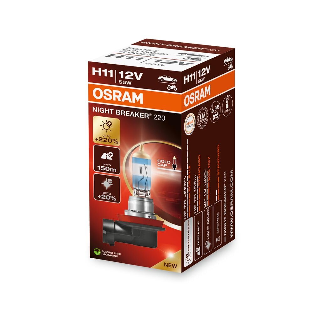 OSRAM NIGHT BREAKER 220, H11, +220% mehr Helligkeit, Halogen-Scheinwerferlampe, 64211NB220, Faltschachtel (1 Lampe), white von Osram