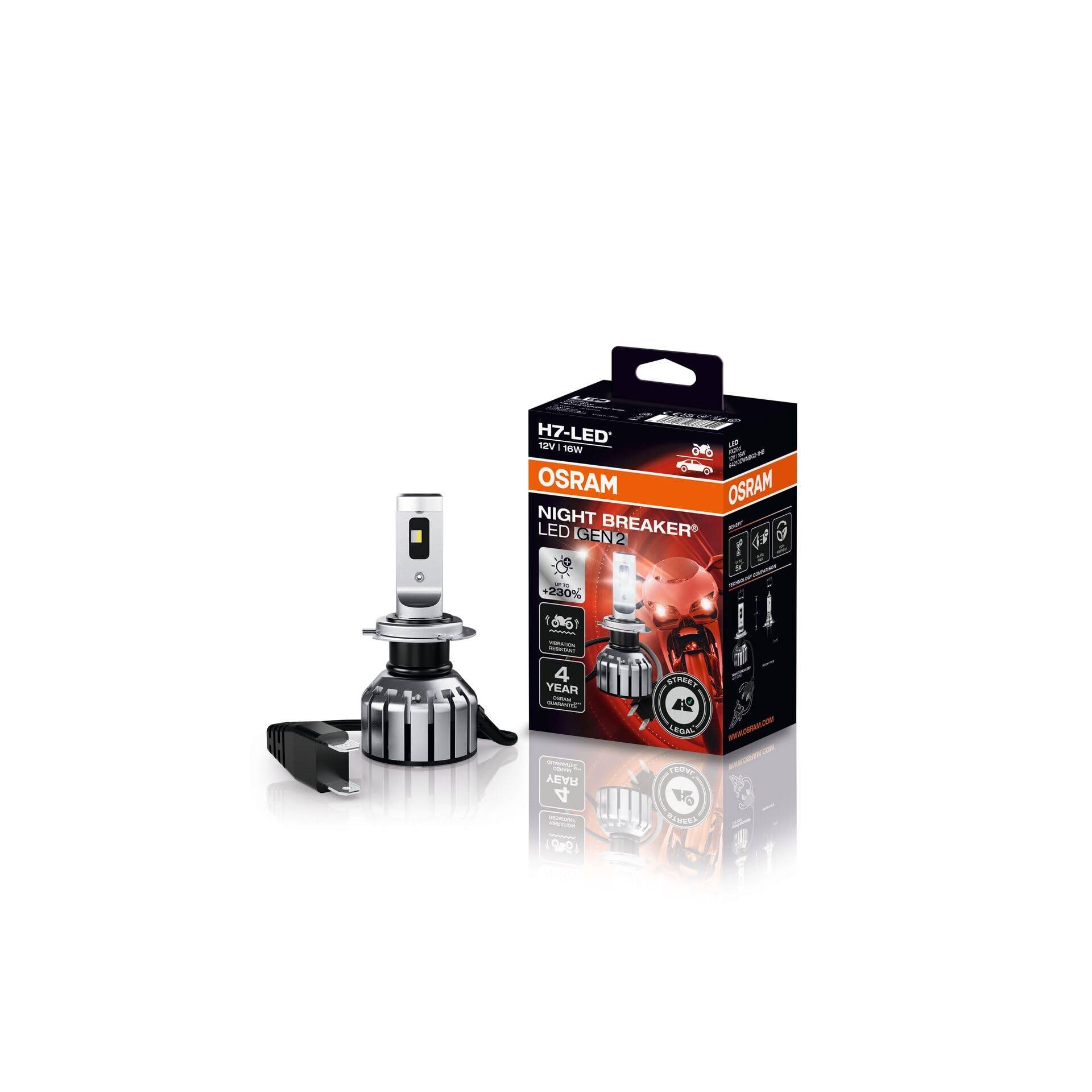 OSRAM NIGHT BREAKER H7-LED GEN 2 für Motorräder, bis zu 230% mehr Helligkeit, erste strassenzugelassene H7 LED-Nachrüstlampe für Motorräder von Osram