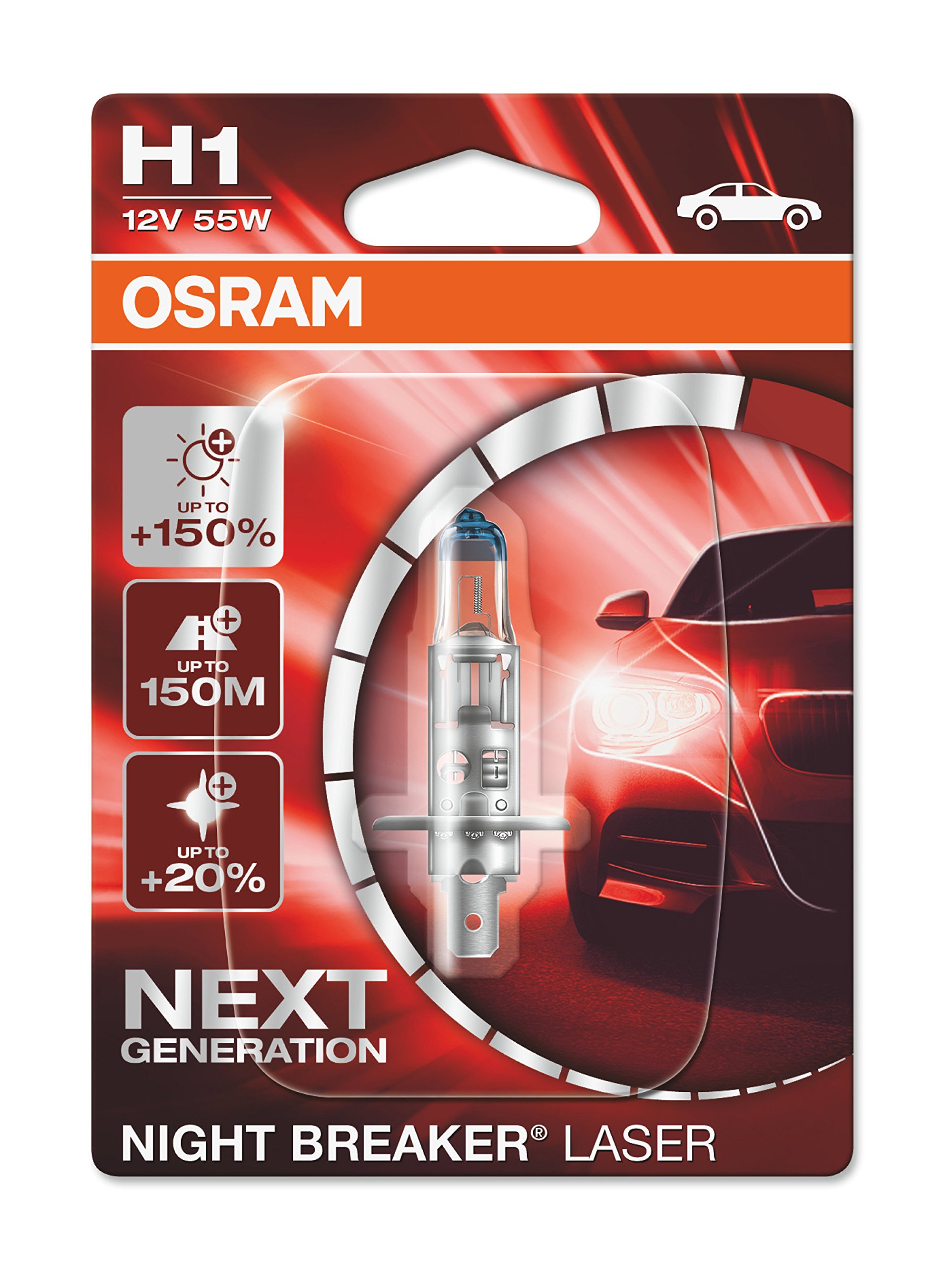 OSRAM NIGHT BREAKER LASER H1, +150% mehr Helligkeit, Halogen-Scheinwerferlampe, 64150NL-01B, 12V PKW, Blister (1 Lampe) von Osram
