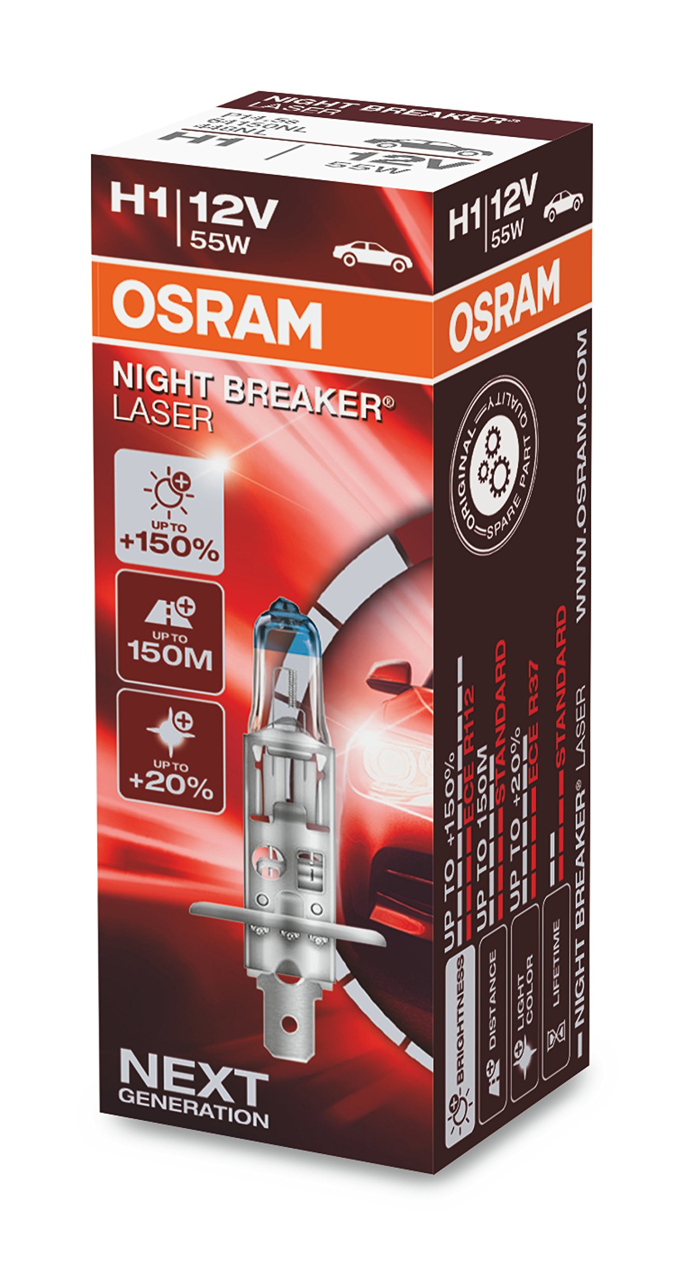 OSRAM NIGHT BREAKER LASER H1, +150% mehr Helligkeit, Halogen-Scheinwerferlampe, 64150NL, 12V PKW, Faltschachtel (1 Lampe) von Osram