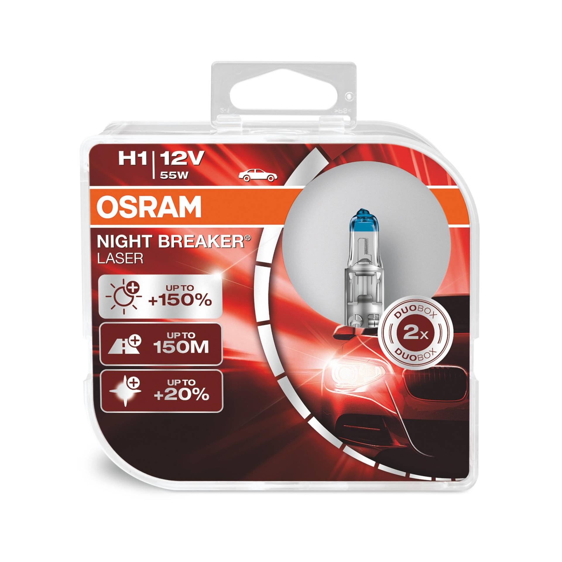 OSRAM NIGHT BREAKER LASER H1, +150% mehr Helligkeit, Halogen-Scheinwerferlampe, 64150NL-HCB, 12V PKW, Duo Box (2 Lampen) von Osram