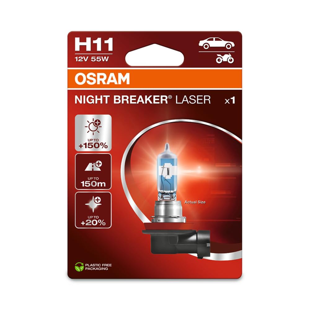 OSRAM NIGHT BREAKER LASER H11, +150% mehr Helligkeit, Halogen-Scheinwerferlampe, 64211NL-1BL, 12V PKW, Blister (1 Lampe) von Osram