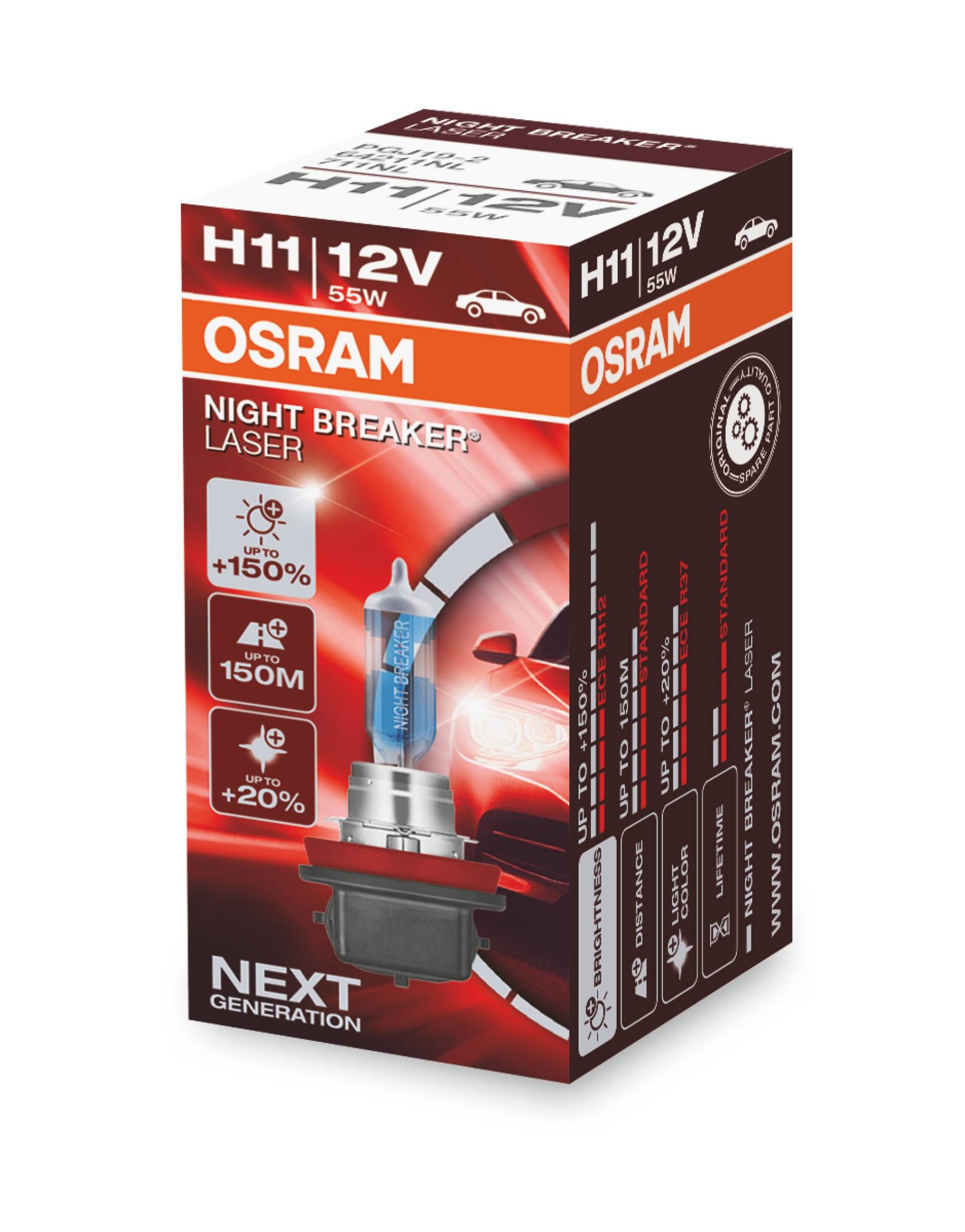 OSRAM NIGHT BREAKER LASER H11, +150% mehr Helligkeit, Halogen-Scheinwerferlampe, 64211NL, 12V PKW, Faltschachtel (1 Lampe) von Osram
