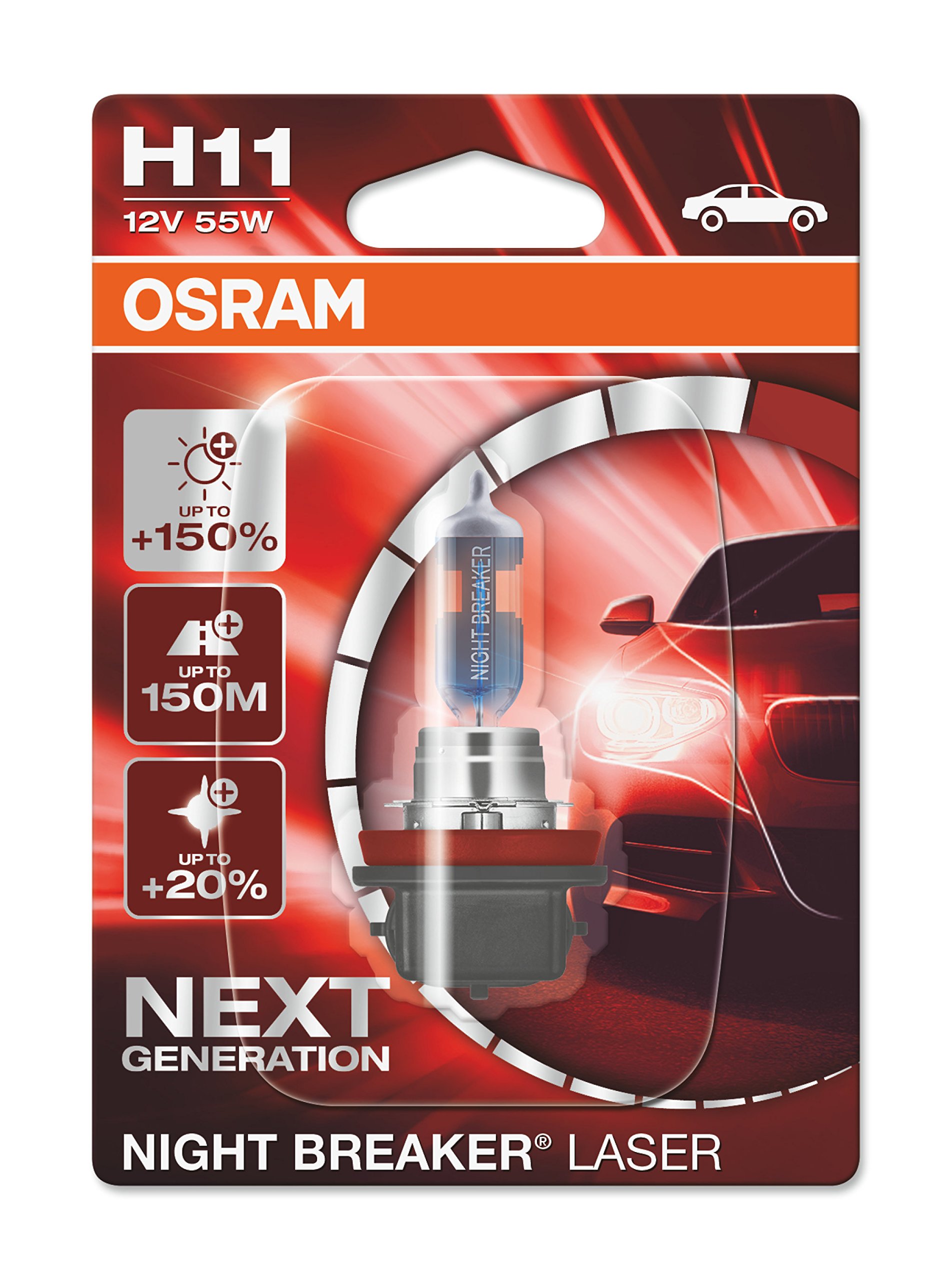 OSRAM NIGHT BREAKER LASER H11, +150% mehr Helligkeit, Halogen-Scheinwerferlampe, 64211NL-01B, 12V PKW, Blister (1 Lampe) von Osram