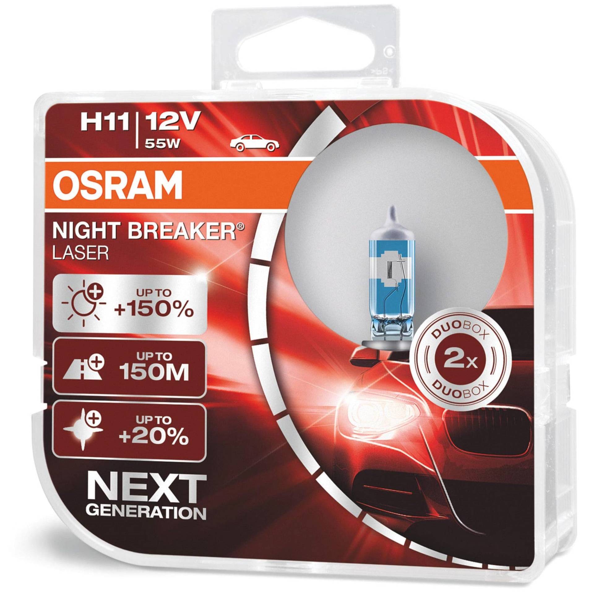 OSRAM NIGHT BREAKER LASER H11, +150% mehr Helligkeit, Halogen-Scheinwerferlampe, 64211NL-HCB, 12V PKW, Duo Box (2 Lampen) von Osram