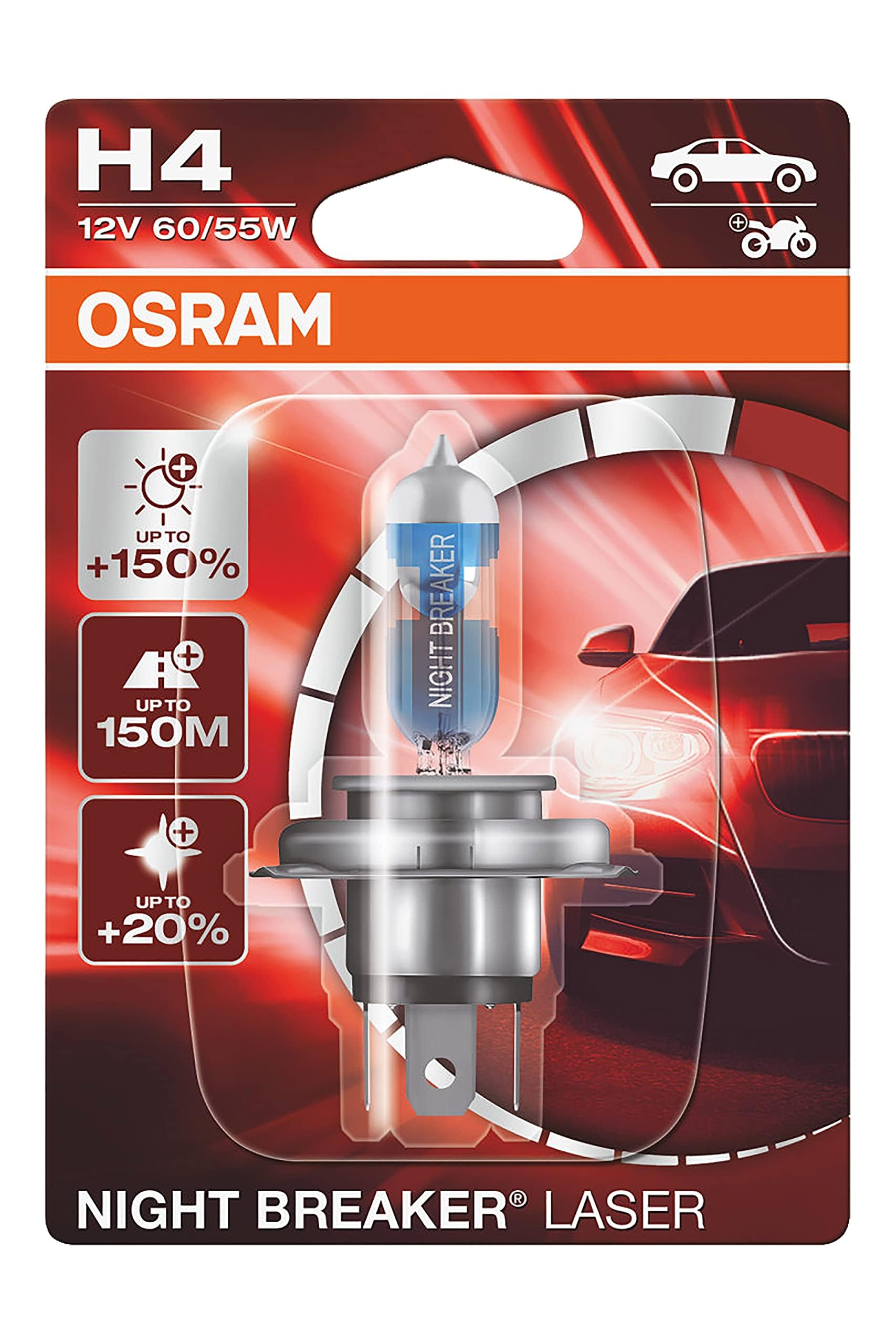 OSRAM NIGHT BREAKER LASER H4, +150% mehr Helligkeit, Halogen-Scheinwerferlampe, 64193NL-01B, 12V PKW, Blister (1 Lampe) von Osram