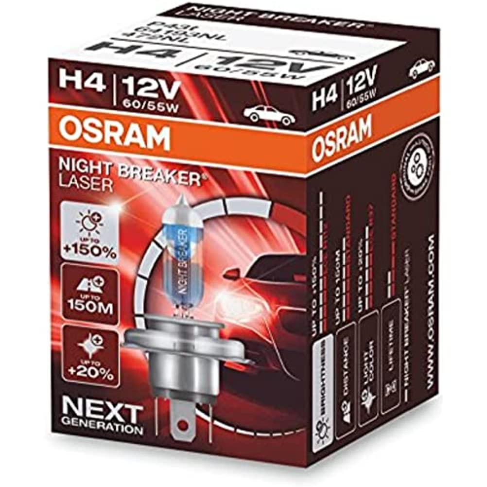 OSRAM NIGHT BREAKER LASER H4, +150% mehr Helligkeit, Halogen-Scheinwerferlampe, 64193NL, 12V PKW, Faltschachtel (1 Lampe) von Osram