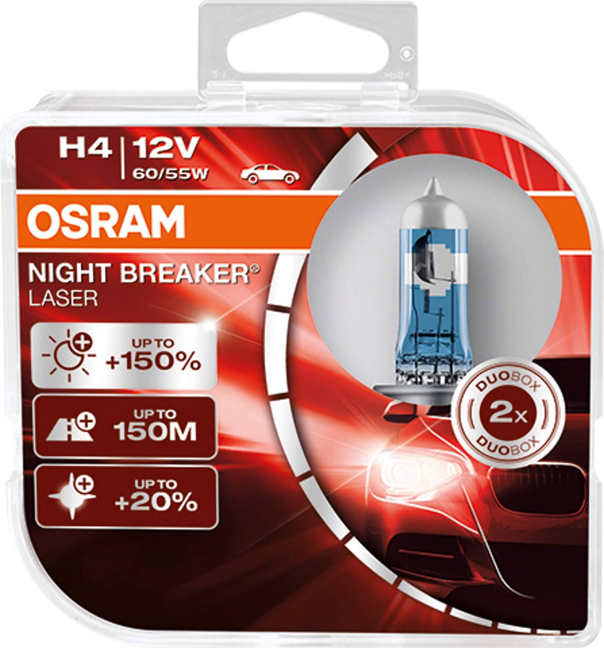 OSRAM NIGHT BREAKER LASER H4, +150% mehr Helligkeit, Halogen-Scheinwerferlampe, 64193NL-HCB, 12V PKW, Duo Box (2 Lampen) von Osram