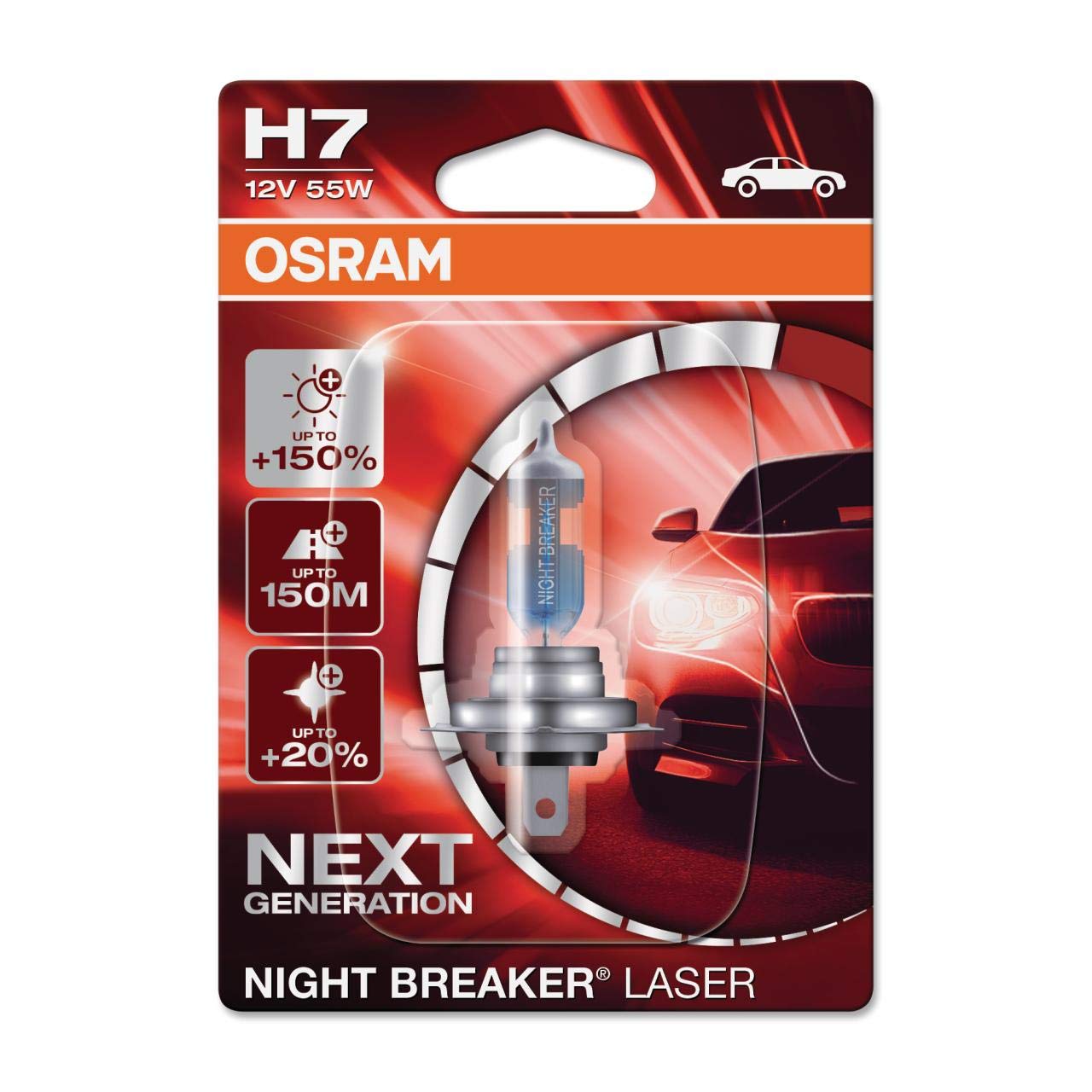 OSRAM NIGHT BREAKER LASER H7, +150% mehr Helligkeit, Halogen-Scheinwerferlampe, 64210NL-01B, 12V PKW, Blister (1 Lampe) von Osram