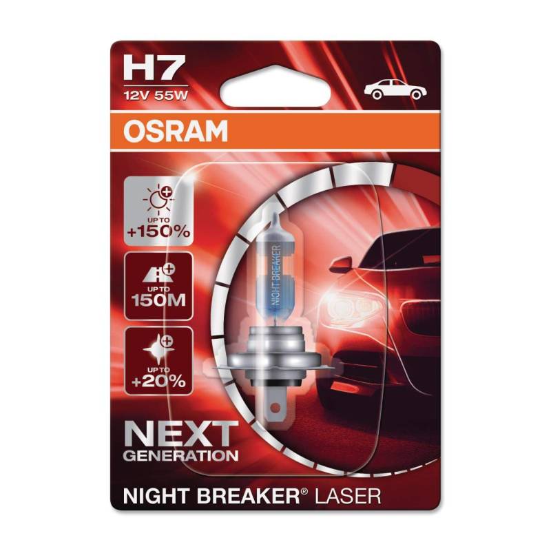 OSRAM NIGHT BREAKER LASER H7, +150% mehr Helligkeit, Halogen-Scheinwerferlampe, 64210NL-01B, 12V PKW, Single Blister (1 Lampe) von Osram