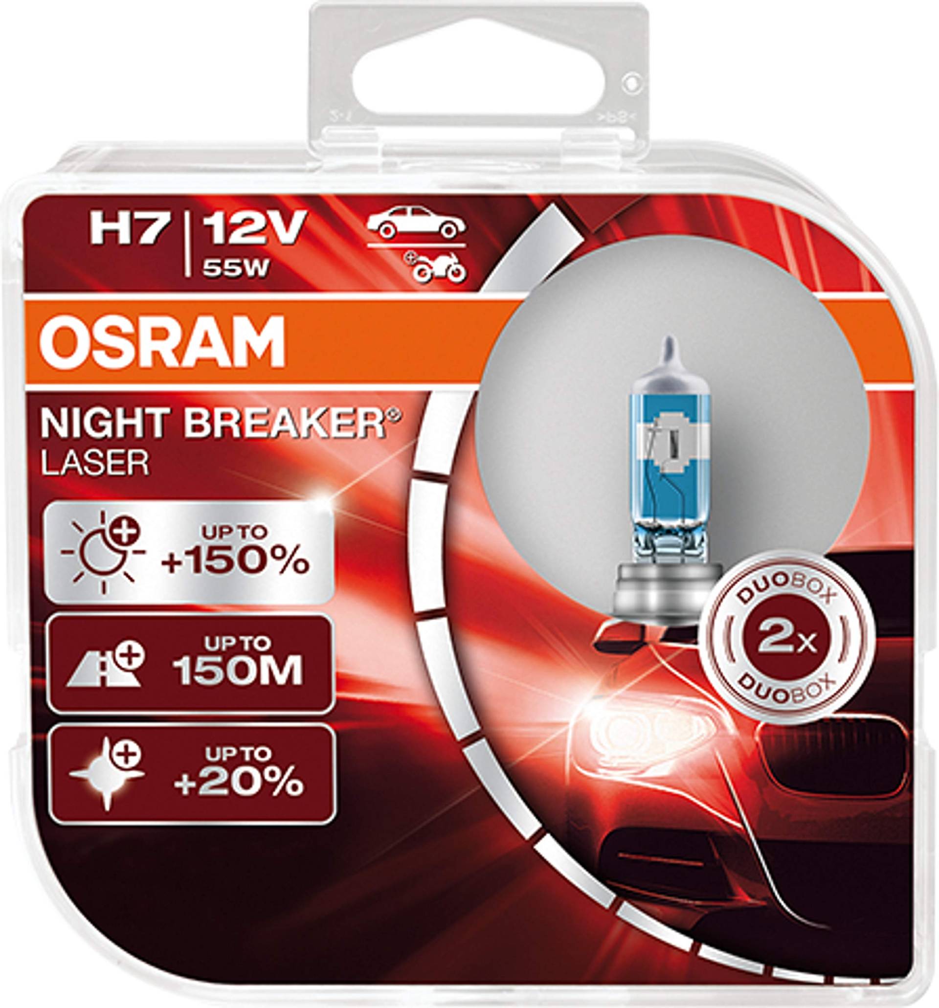 Osram Night Breaker Laser H7 next Generation, +150% mehr Helligkeit, Halogen-Scheinwerferlampe, 64210NL-HCB, 12V PKW, Duo Box (2 Lampen) von Osram